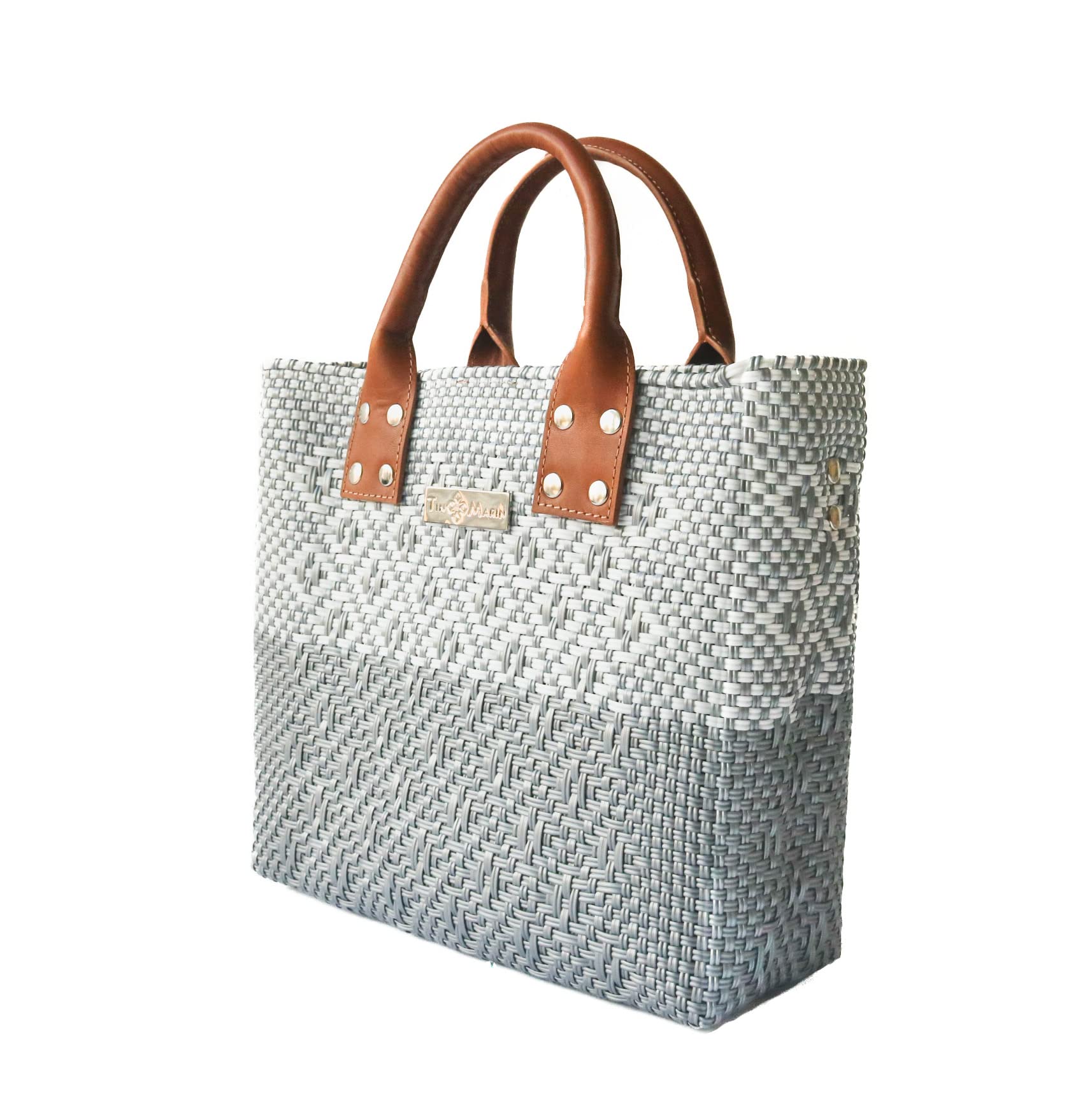 Stylish Grey Large Woven Crossbody Bag with Tan Leather Handles - Eco-Friendly Recycled Plastic Handwoven Purse | Mexican Oaxaca Tote for Women | Perfect for Summer, Work & Everyday Use | Casual Outings, Beach Trips & Office Commute
