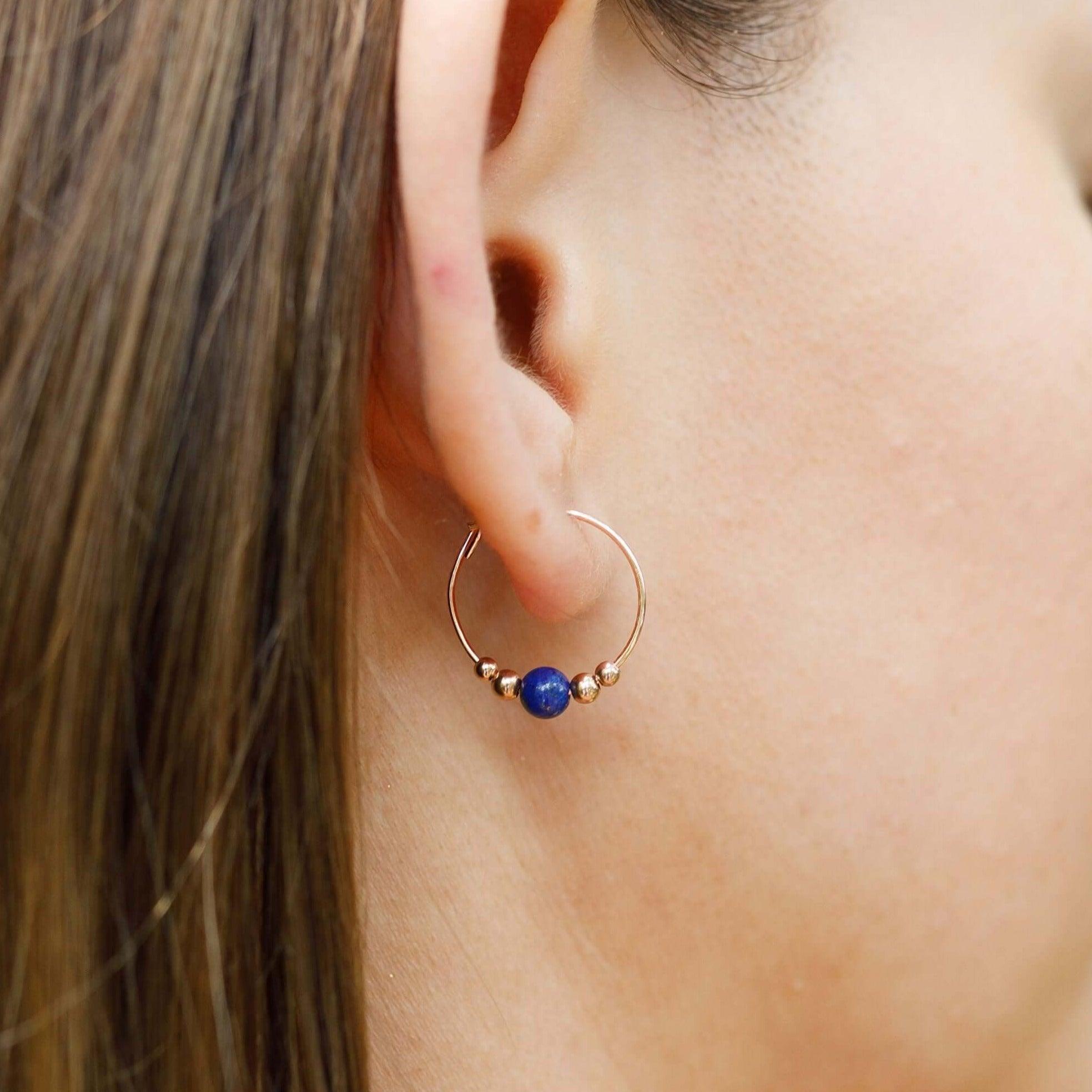 Lapis Lazuli Gemstone Hoop Earrings - 14K Gold Plated Tiny Beaded Hoops for Women, Boho Chic Jewelry Gift for Her | Perfect for Parties, Weddings & Everyday Wear