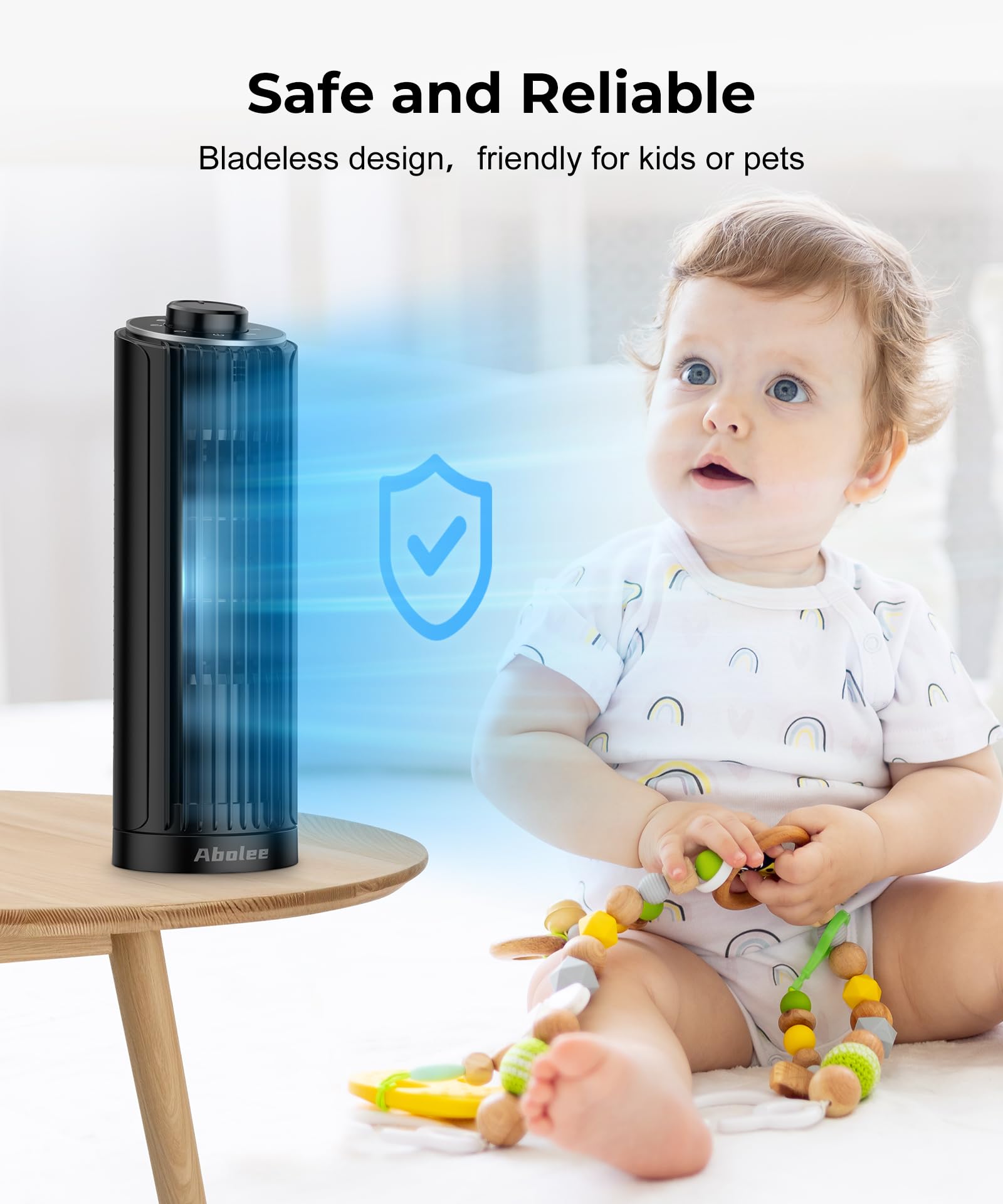 Abolee 13 Inch Bladeless Tower Fan - 23ft/s High Velocity Desk Fan with 70° Oscillation, 3 Speed Modes for Bedroom, Home & Office (Black) | Perfect for Cooling, Air Circulation & White Noise in Small Spaces