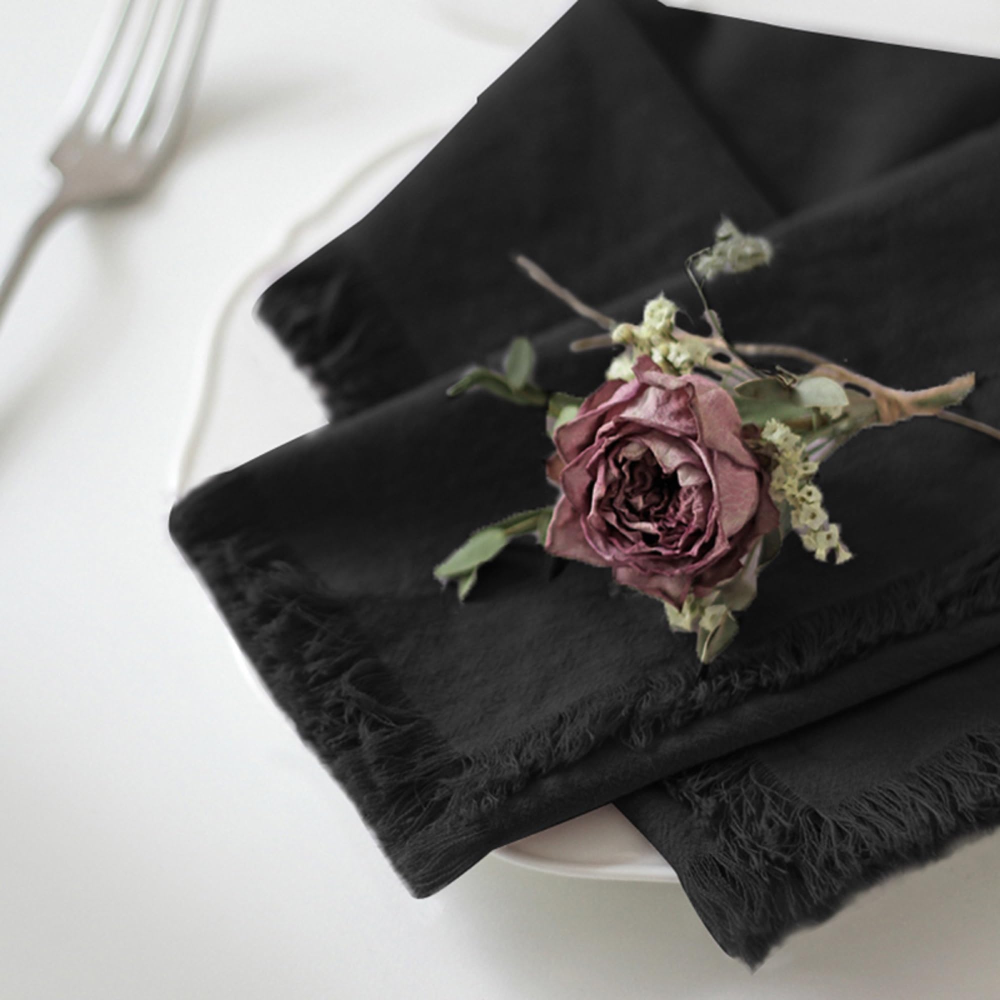 Handmade 100% Cotton Fringed Napkins - Set of 6 (18x18 Inch) - Elegant Black Dinner Napkins for Formal Dining, Wedding Reception, Party Decor & Special Occasions
