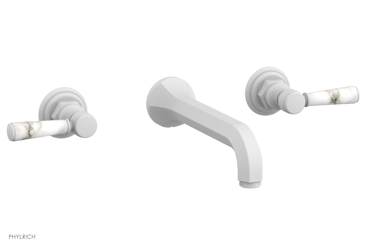 Hex Traditional Wall Lavatory Set - White Marble Lever Handles 500 13 - Modern Bathroom Faucet for Powder Room, Guest Bath & Master Suite