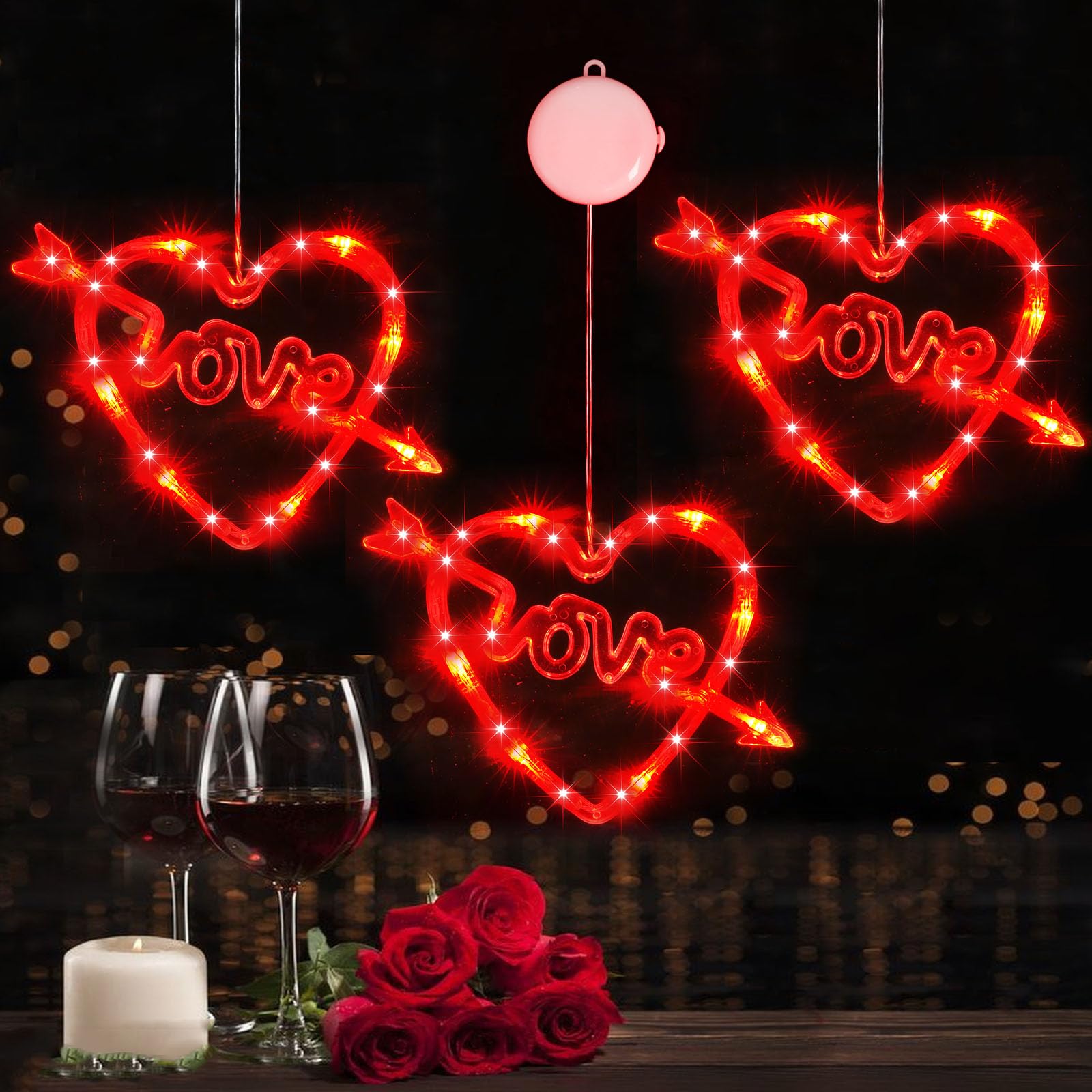 3Pack Red Heart Shaped Valentine's Day Window Lights - Battery Powered Romantic String Lights with Timer for Valentine's Day, Wedding & Anniversary Decor - Perfect for Bedroom, Living Room & Party Decorations