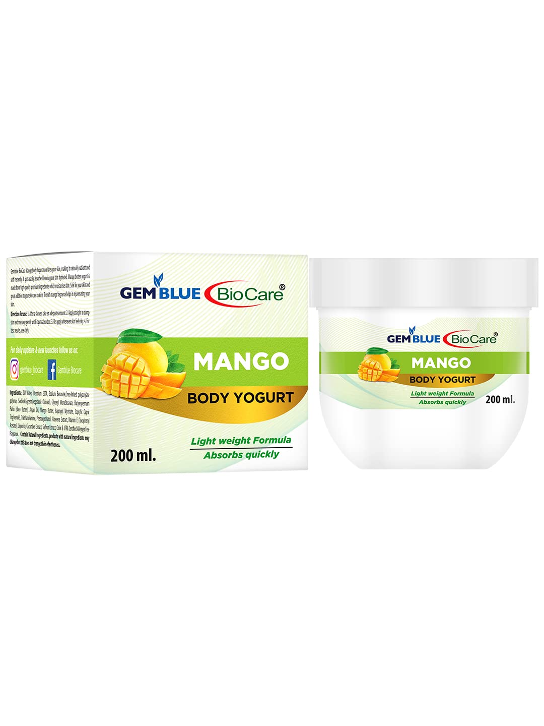 Gemblue Biocare Mango Body Yogurt - 200ml | Moisturizing & Nourishing Body Cream for Dry, Dull Skin | Hydrating Body Lotion with Mango Extract | Refreshing Glow for Soft, Radiant Skin | Perfect for Daily Skincare Routine & Spa Days