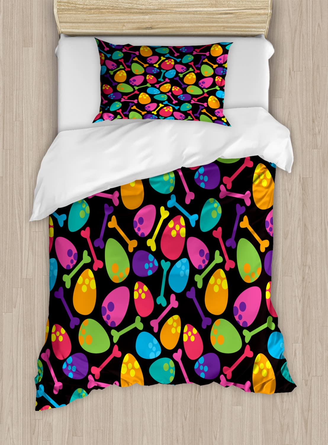 Ambesonne Velociraptor Duvet Cover Set - Dinosaur Themed Bedding with Eggs & Bones Print, 2-Pack Twin Size (Includes 2 Duvet Covers & 2 Pillowcases) - Fun Cartoon Design for Kids Room, Dinosaur Lovers Gift, Jurassic Decor for Bedroom & Dorm