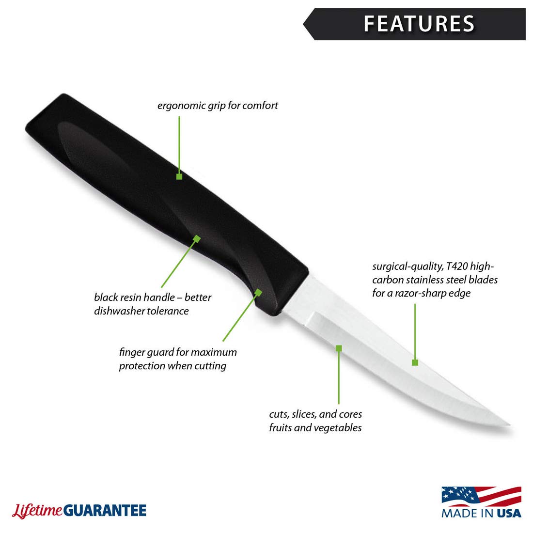 Rada Cutlery Anthem Series Heavy Duty Paring Knife - 3.5 Inch Sharp Kitchen Knife with Ergonomic Black Handle for Peeling, Slicing, and Precision Cutting Fruits Vegetables