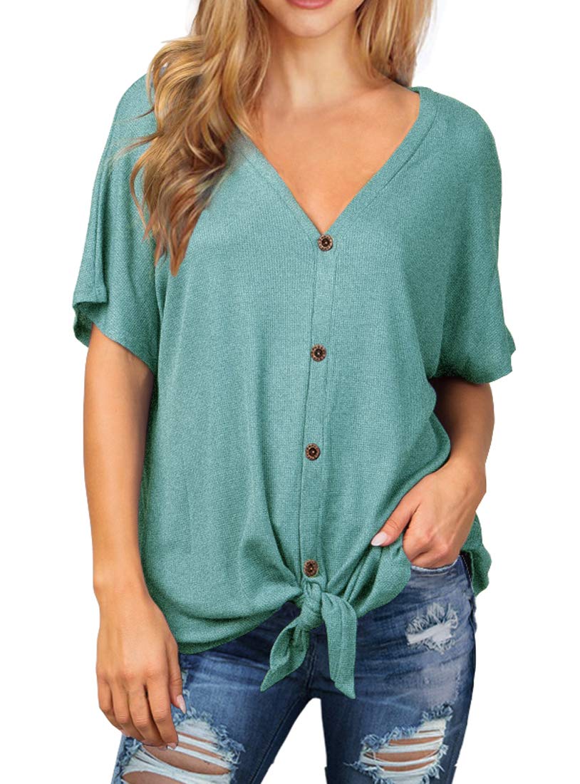 IWOLLENCE Women's Waffle Knit Tunic Blouse - Tie Knot Short Sleeve Henley Top, Loose Fit Batwing Shirt for Casual Wear, Office Outfits & Spring Summer Fashion