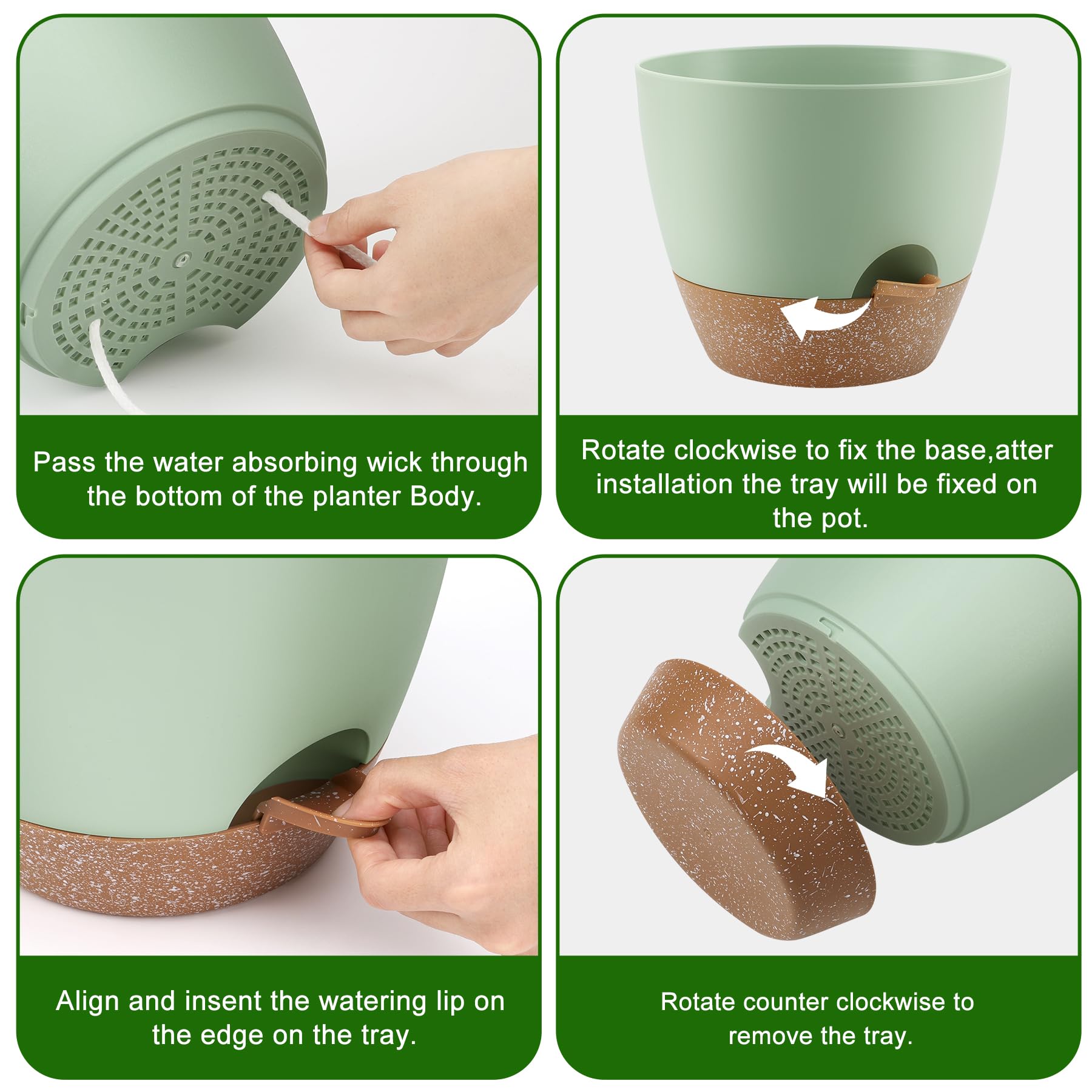 10/9/8 Inch Self Watering Plant Pots with Drainage Holes - Set of 3 Plastic Planters with Saucers for Indoor & Outdoor Plants - Perfect for Herbs, Succulents, Flowers and Home Garden Decor (Green)