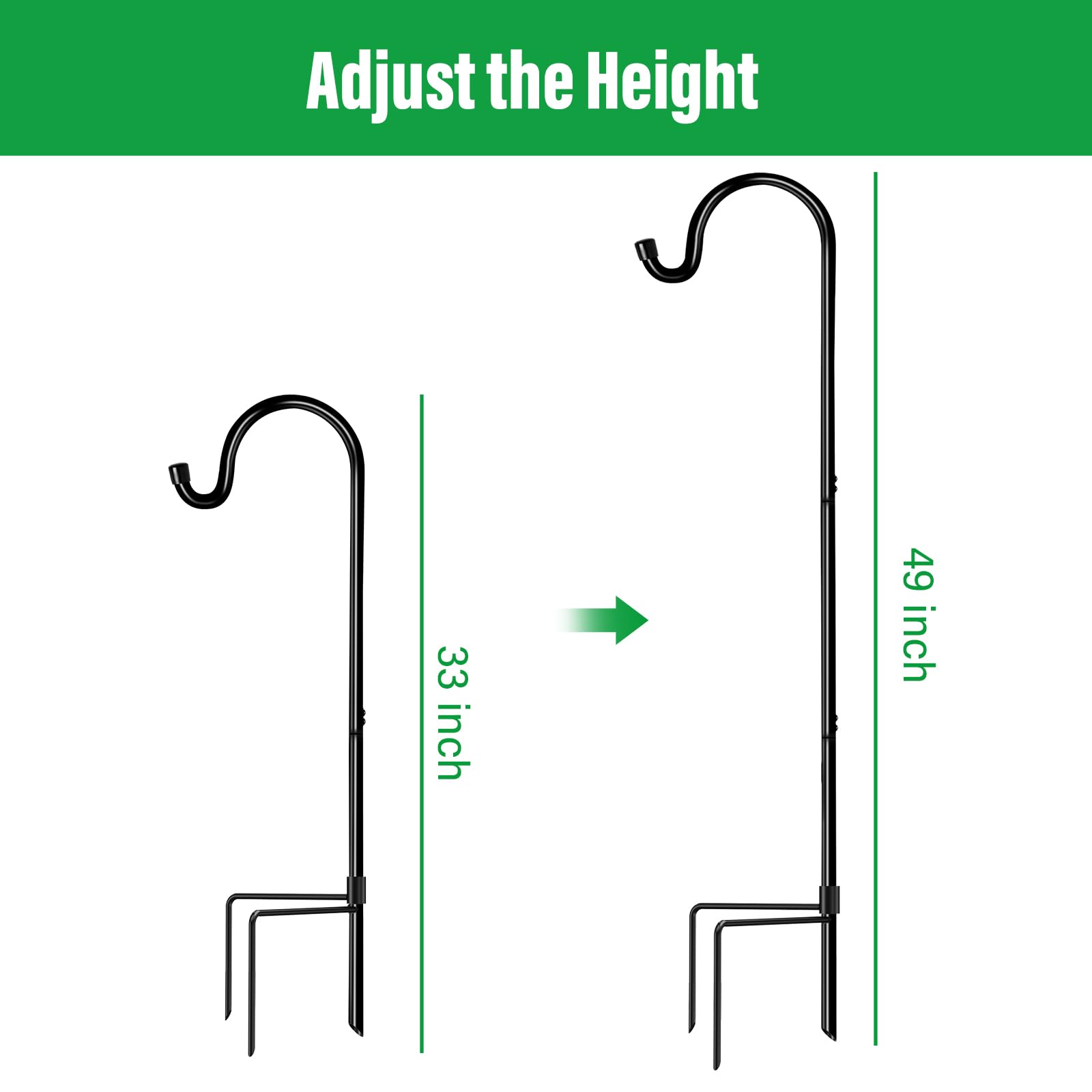 GOFORWILD 2 Pack Adjustable 49-inch Tall Metal Garden Hooks - Heavy Duty Outdoor Plant Hangers for Hanging Baskets, Solar Lights, Lanterns & Bird Feeders - Perfect for Patio, Yard & Wedding Decorations (Black, 7013)
