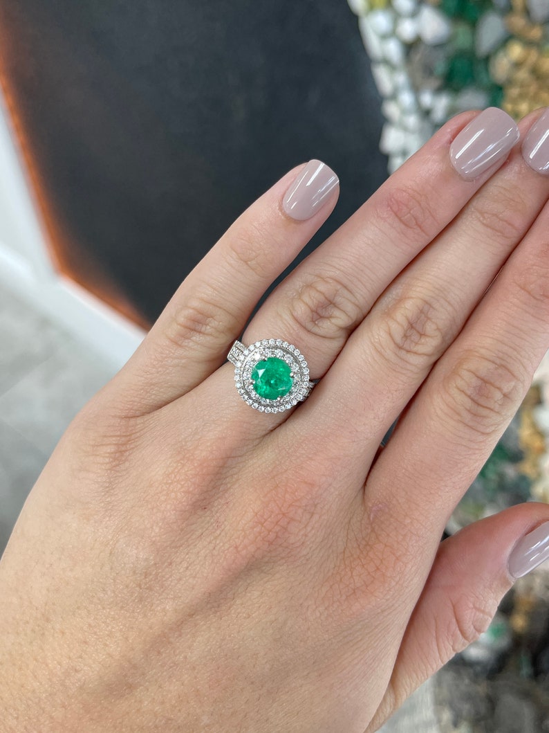 3.52tcw 14K White Gold Round Emerald & Diamond Halo Engagement Ring for Women – Perfect for Proposals, Anniversaries & Bridal Jewelry
