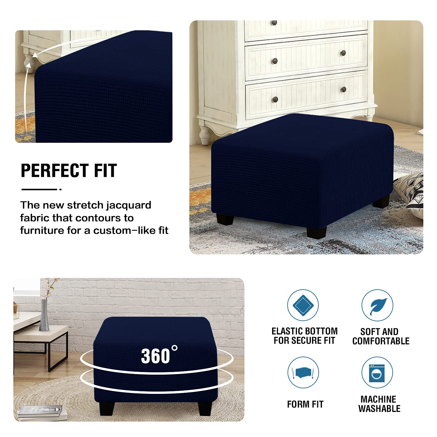 XMNTG Jacquard Stretch Ottoman Slipcover - Washable Square Folding Storage Stool Cover with Elastic Bottom - Furniture Protector & Footrest (Navy Blue) - Perfect for Living Room, Bedroom & Home Decor