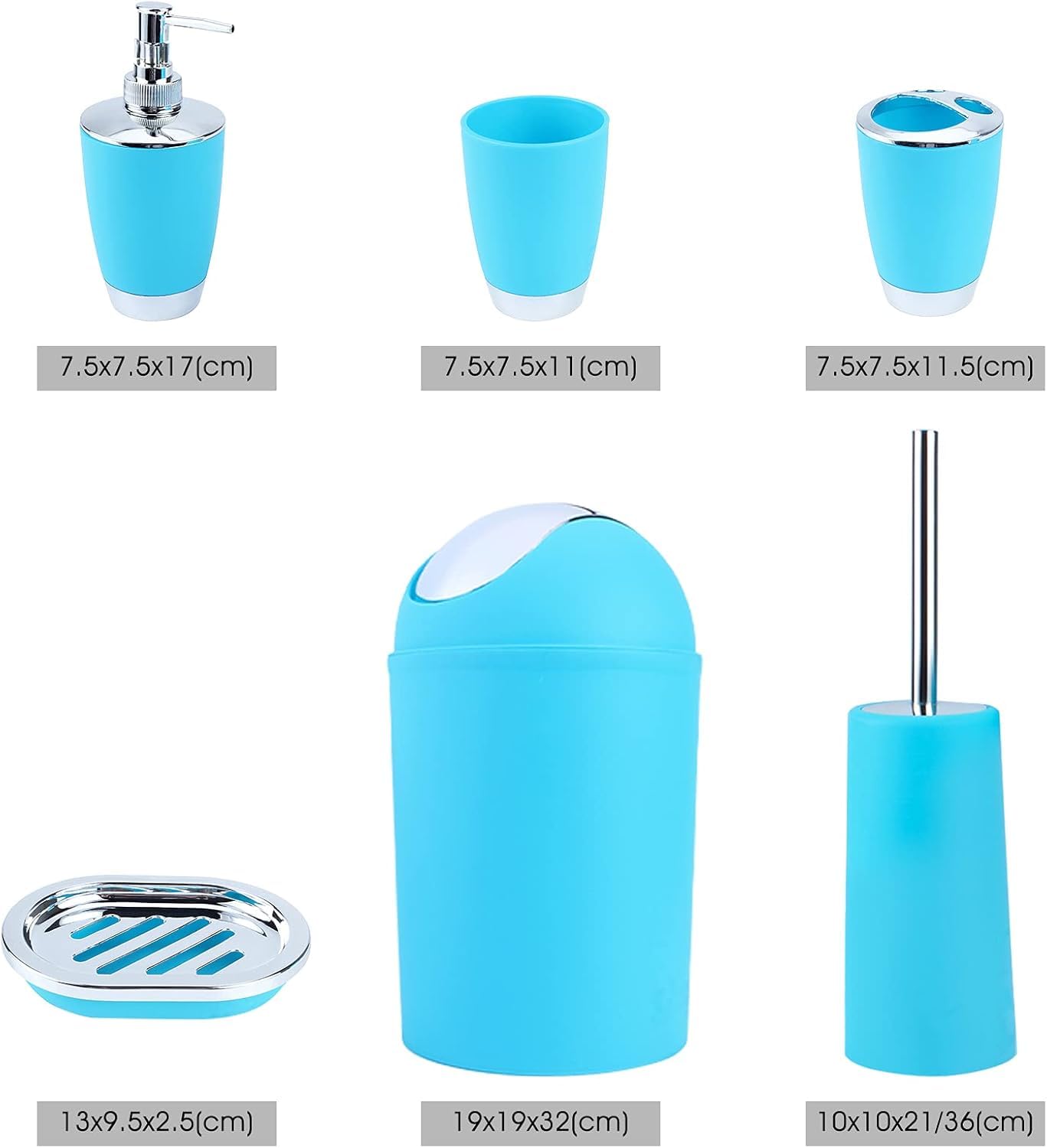 6-Piece Blue Plastic Bathroom Accessories Set - Includes Soap Dispenser, Toothbrush Holder, Trash Can, Soap Dish, Toothbrush Cup & Lotion Bottles - Perfect for Bathroom Organization & Home Decor