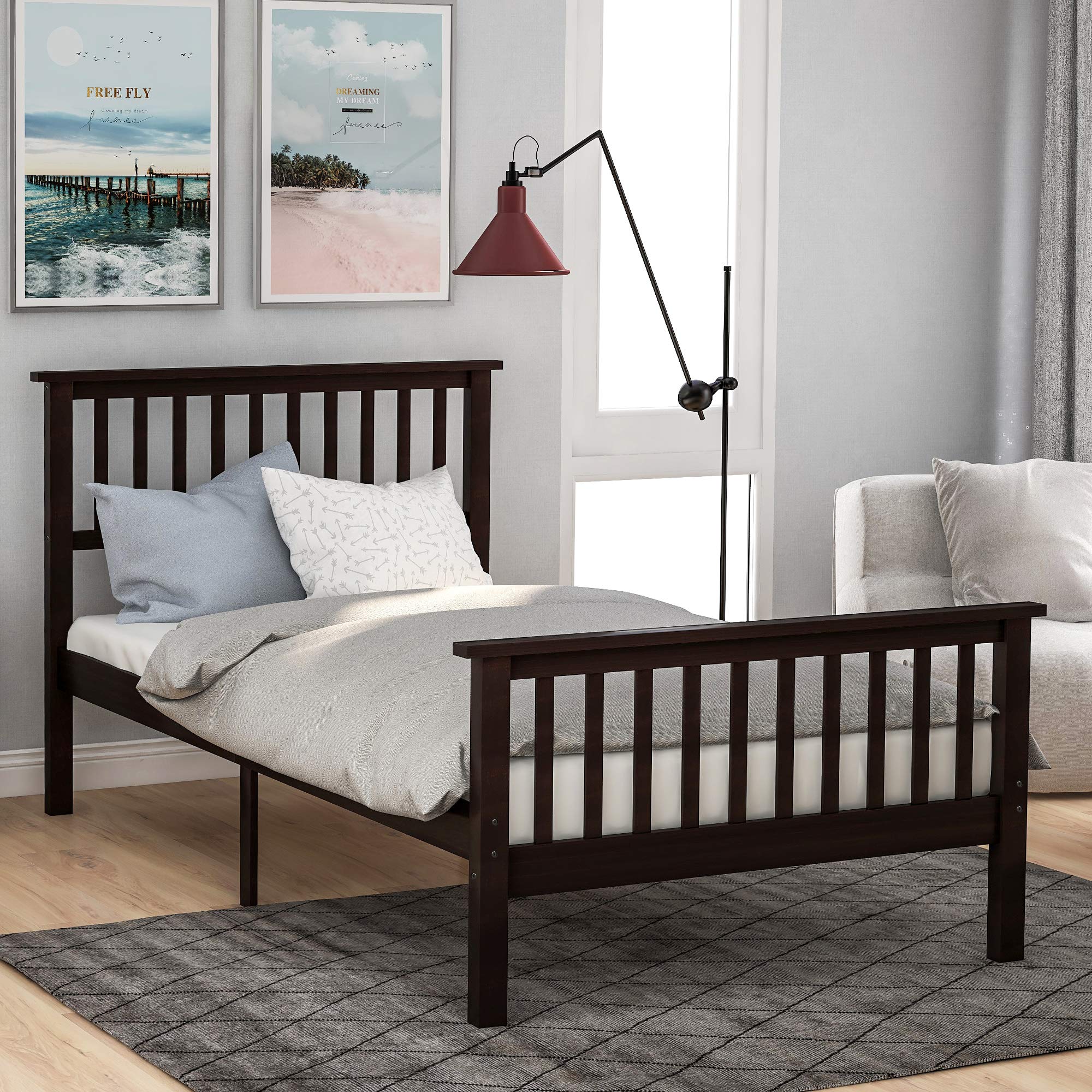 Solid Wood Twin Platform Bed with Headboard & Footboard - Sturdy Wooden Slat Support - Espresso Finish for Bedroom, Dorm, Hotel & Small Space Living