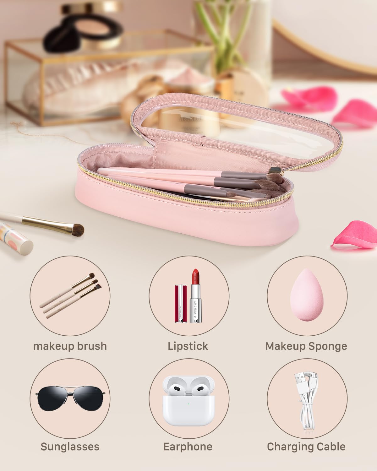 Clear Travel Makeup Brush Holder - Waterproof Leather Cosmetic Case for On-the-Go Beauty
