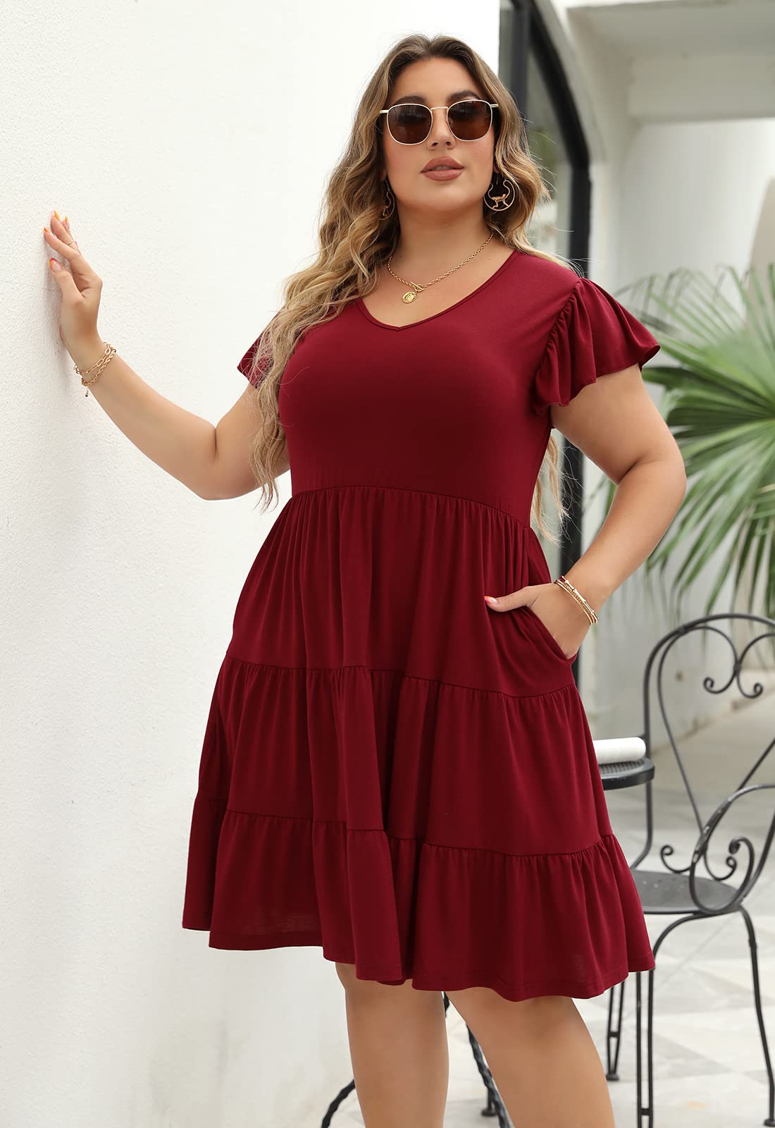 **Celkuser Plus Size Casual Summer Dresses for Women – Elastic Waist Tiered A-Line Ruffle Hem Dress with Pockets – Perfect for Beach, Vacation & Everyday Wear**