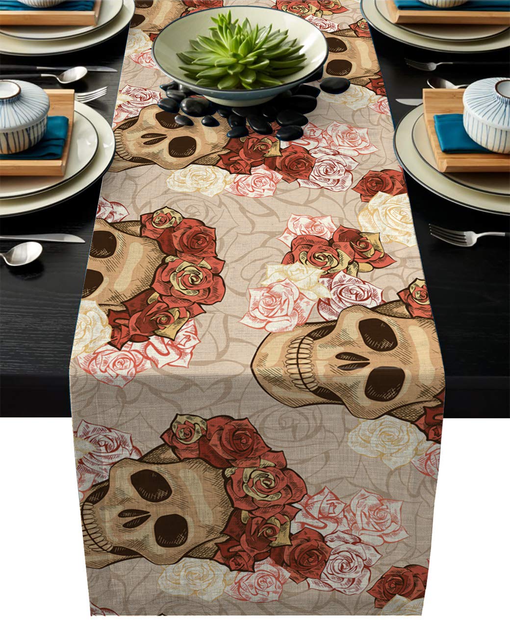 ARTSHOWING Vintage Skull & Roses Table Runner - 13x70 Inch Victorian Style Dead Skeleton Design for Wedding, Birthday, Baby Shower Party Decor | Gothic Home Decor, Halloween Dinner Table Setting, Themed Event Fabric Decoration