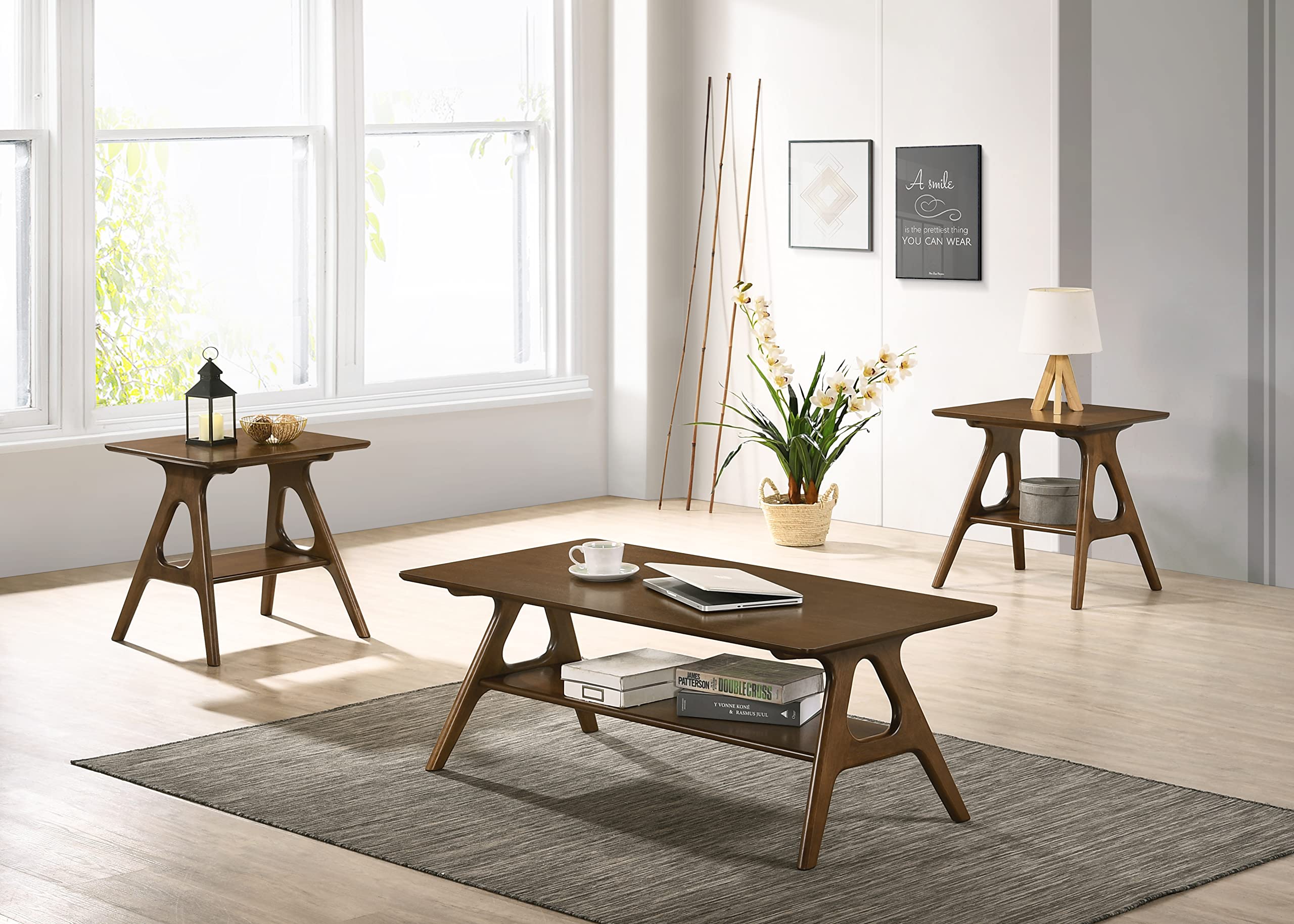 Roundhill Furniture Arona Mid-Century Modern Wood 3-Piece Coffee Table Set in Walnut - Stylish Living Room Centerpiece for Home Decor