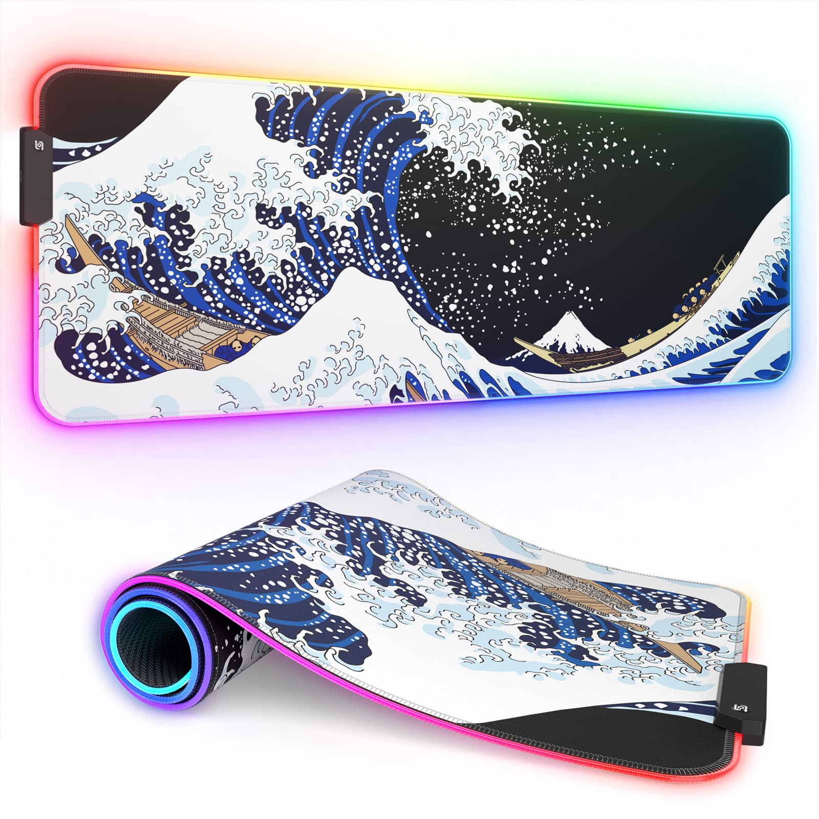 RGB Gaming Mouse Pad - Full Desk XL Extended Large LED Mousepad with 12 Lighting Modes | 30% Thicker Japanese Waves Design | 32 x 12 inches | Perfect for PC Gaming, Office Work & Home Computer Setup