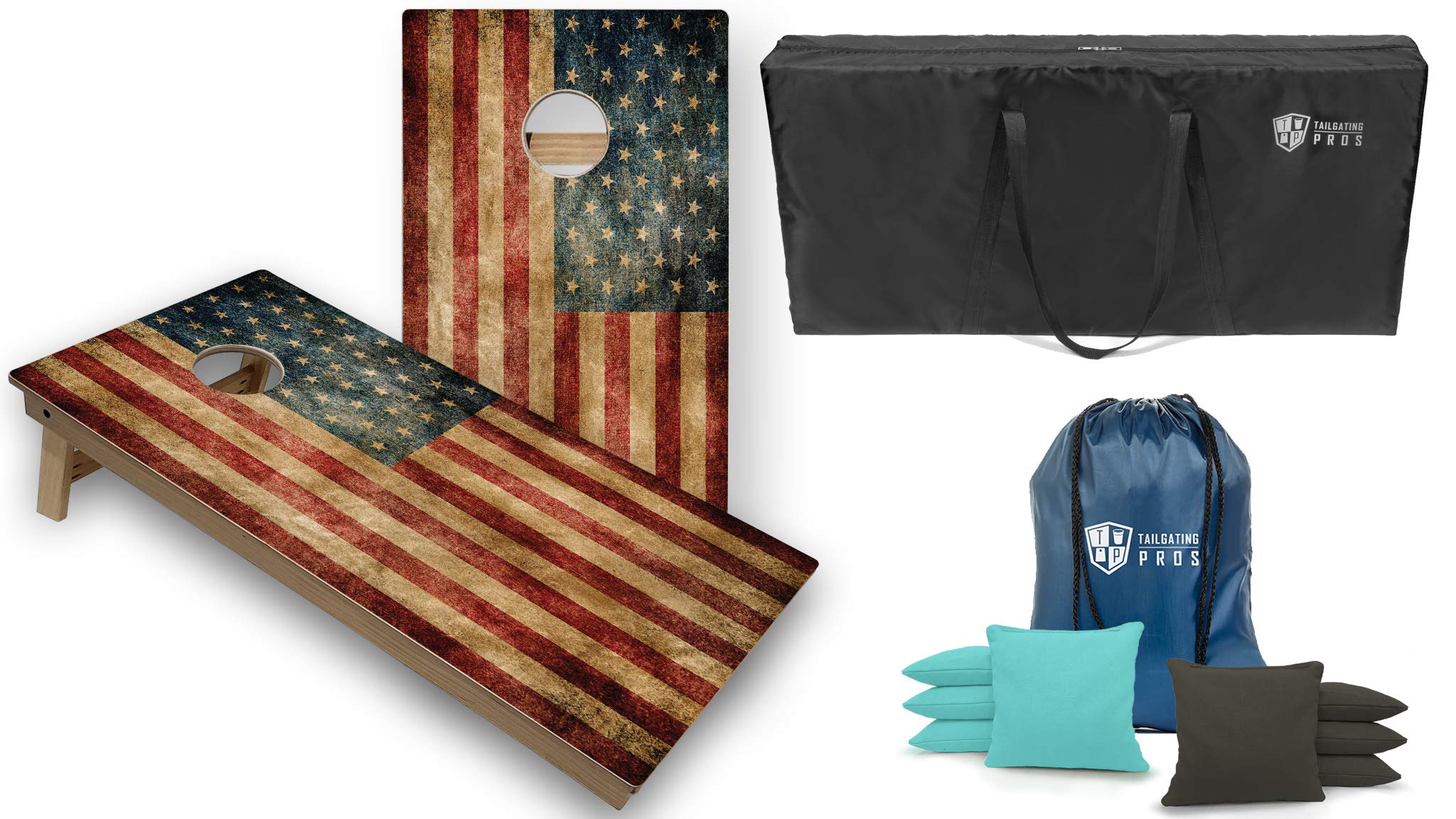 Premium Tournament Grade Cornhole Game Set - 2 Professional 4'x2' Regulation Baltic Birch Boards with Distressed Flag Design, Carrying Case & 8 Bean Bags - Optional LED Lights for Backyard Parties, Tailgating & Outdoor Events