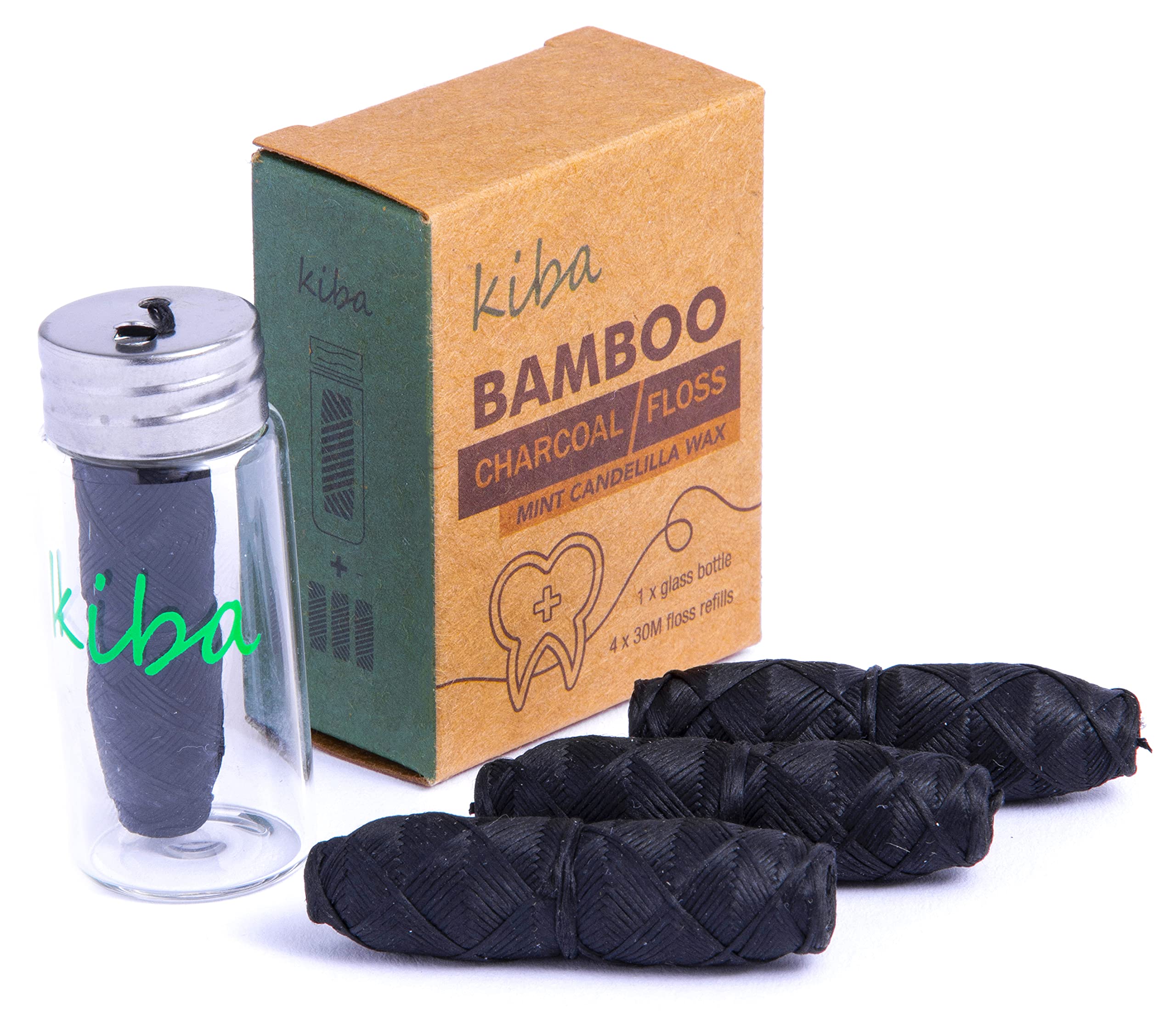 Kiba Bamboo Charcoal Dental Floss with Reusable Glass Container - 5pc Eco-Friendly Kit (1 Glass Holder + 4x30m Refills) - Mint Flavored, Vegan, Candelilla Wax - Perfect for Travel & Zero-Waste Oral Care