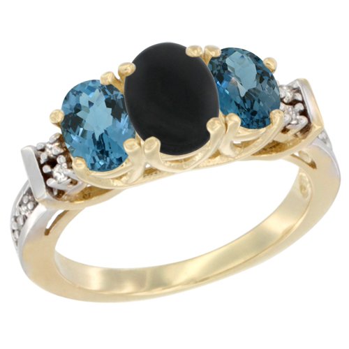 14K Yellow Gold Natural Black Onyx & London Blue Topaz Ring with 3 Oval Diamond Accents - Elegant Statement Jewelry for Weddings, Anniversaries & Special Occasions