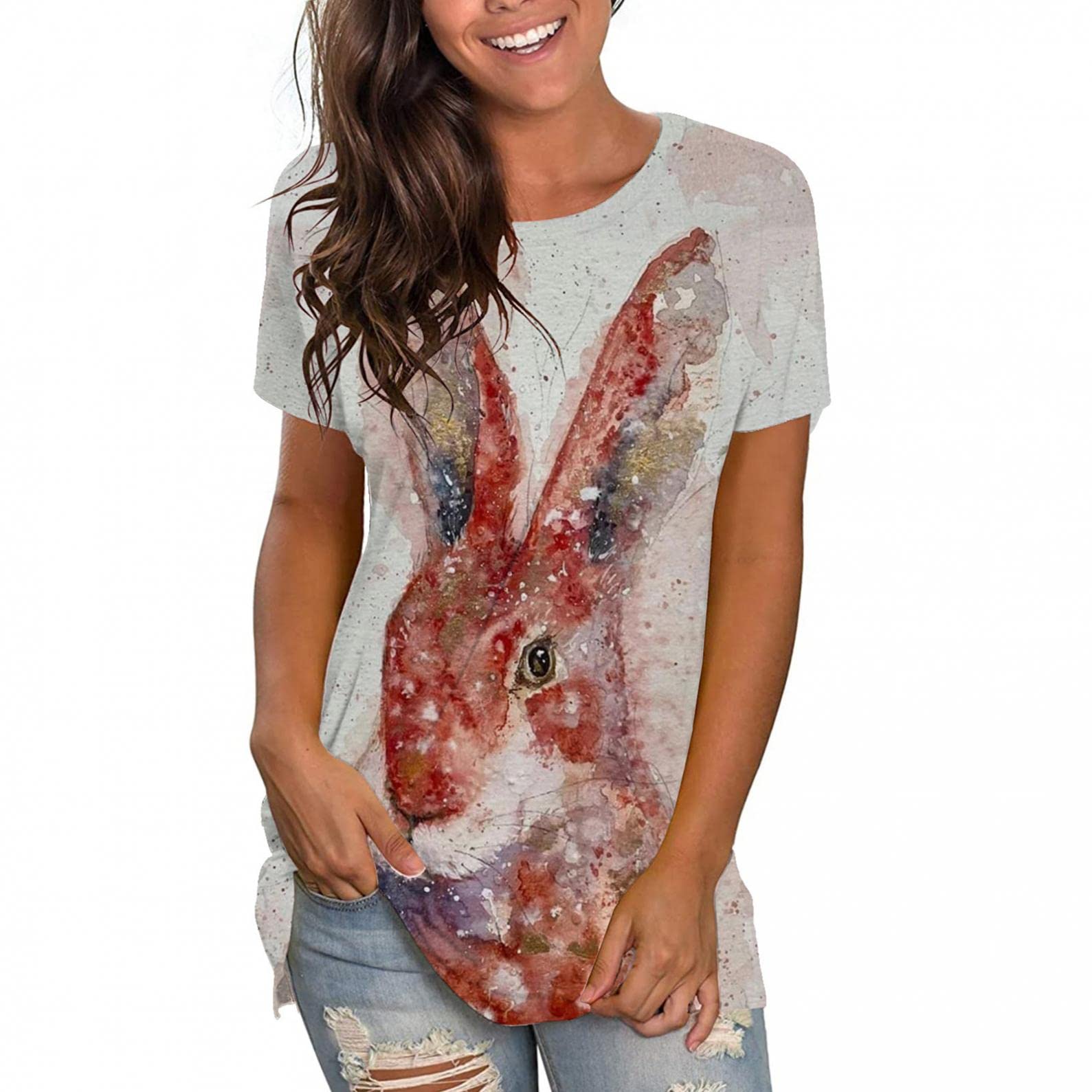 GUOBIOZIY Women's Bunny Print Crew Neck T-Shirt - Funny Egg Pattern, Loose Fit Casual Summer Top for Everyday Wear | Perfect for Outings, Beach Trips & Relaxing at Home