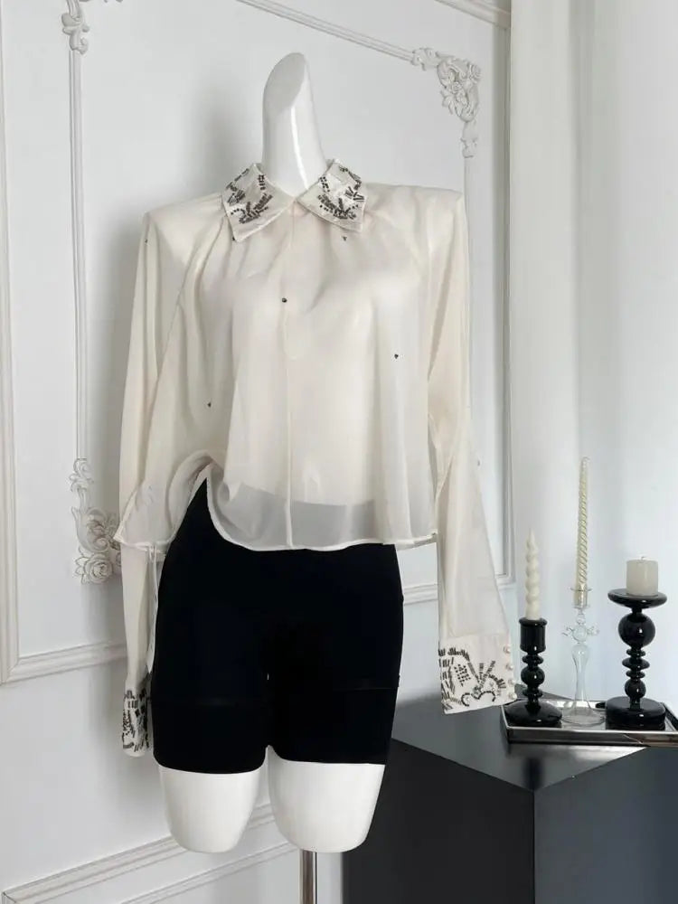 Elegant Beige Diamond Print Blouse for Women - Vintage French Style Long Sleeve Loose Fit Casual Top | Perfect for Autumn Office Wear, Date Nights & Fall Fashion Outfits