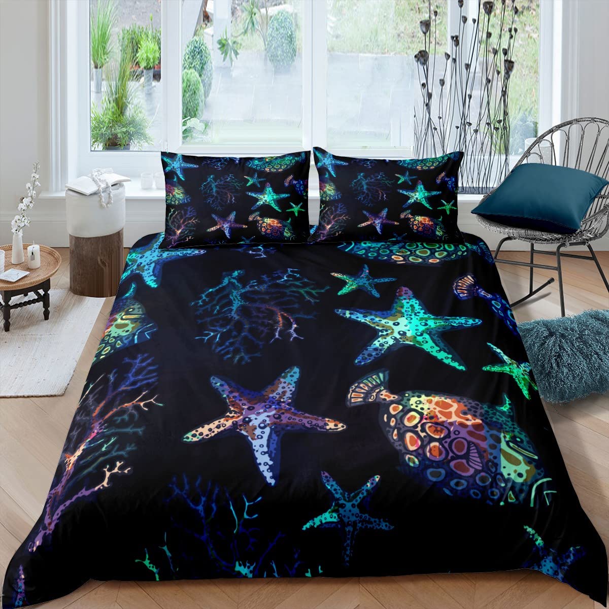Sea Turtle & Starfish Marine Life Bedding Set 3 Piece Queen Size - Colorful Ocean Theme Comforter Cover with 2 Pillowcases | Soft Microfiber Bedroom Decor for Beach House, Kids Room & Coastal Themed Bedrooms