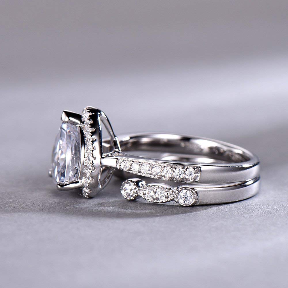 8mm Heart Shaped Engagement Ring Set - CZ Diamond Wedding Ring, Halo Promise Ring, Man Made Diamond Eternity Band in White Gold Plated - Perfect for Proposals, Anniversaries & Romantic Gifts