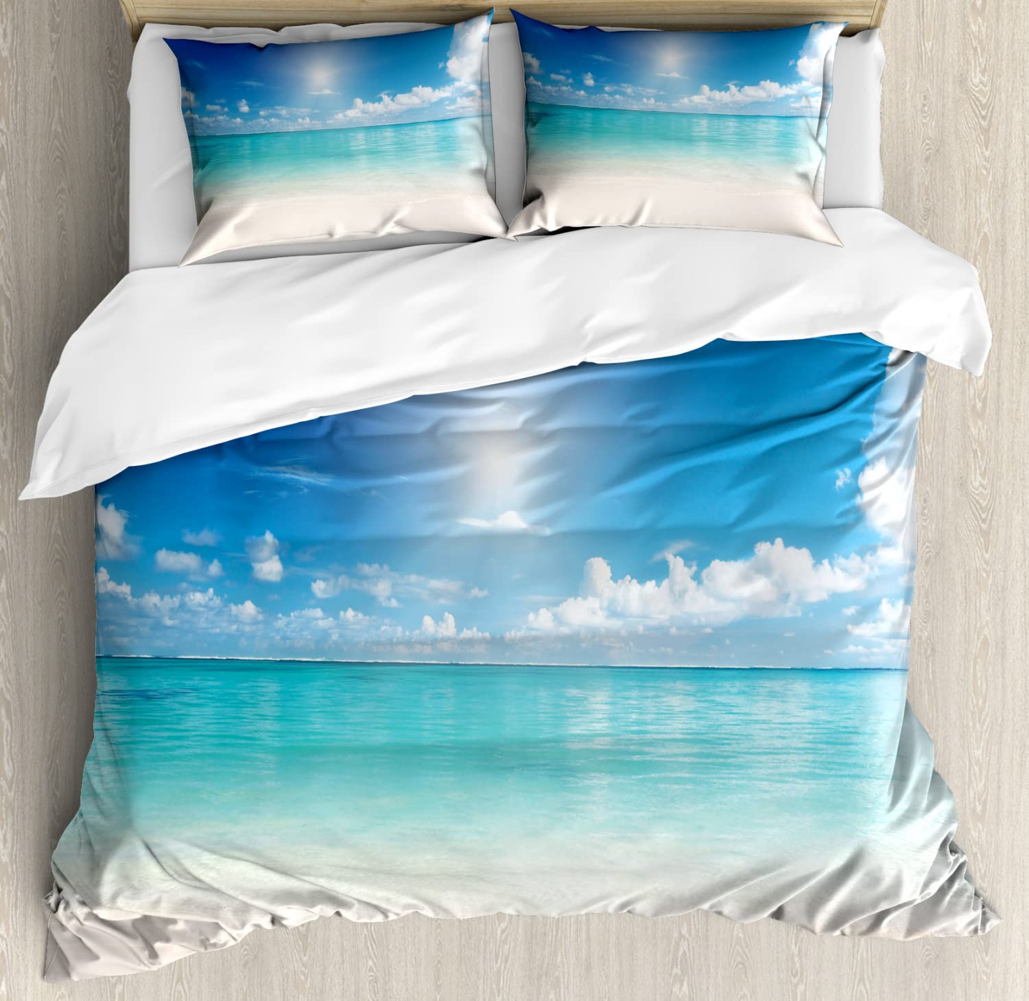 Ambesonne Ocean Duvet Cover Set - Tropical Beach Sky & Sea Landscape Design, 2-Pack Twin Size Bedding with 2 Duvet Covers & 2 Pillowcases in Cream Turquoise White | Perfect for Summer Beach House Decor, Coastal Bedroom Theme, and Vacation Home Styling