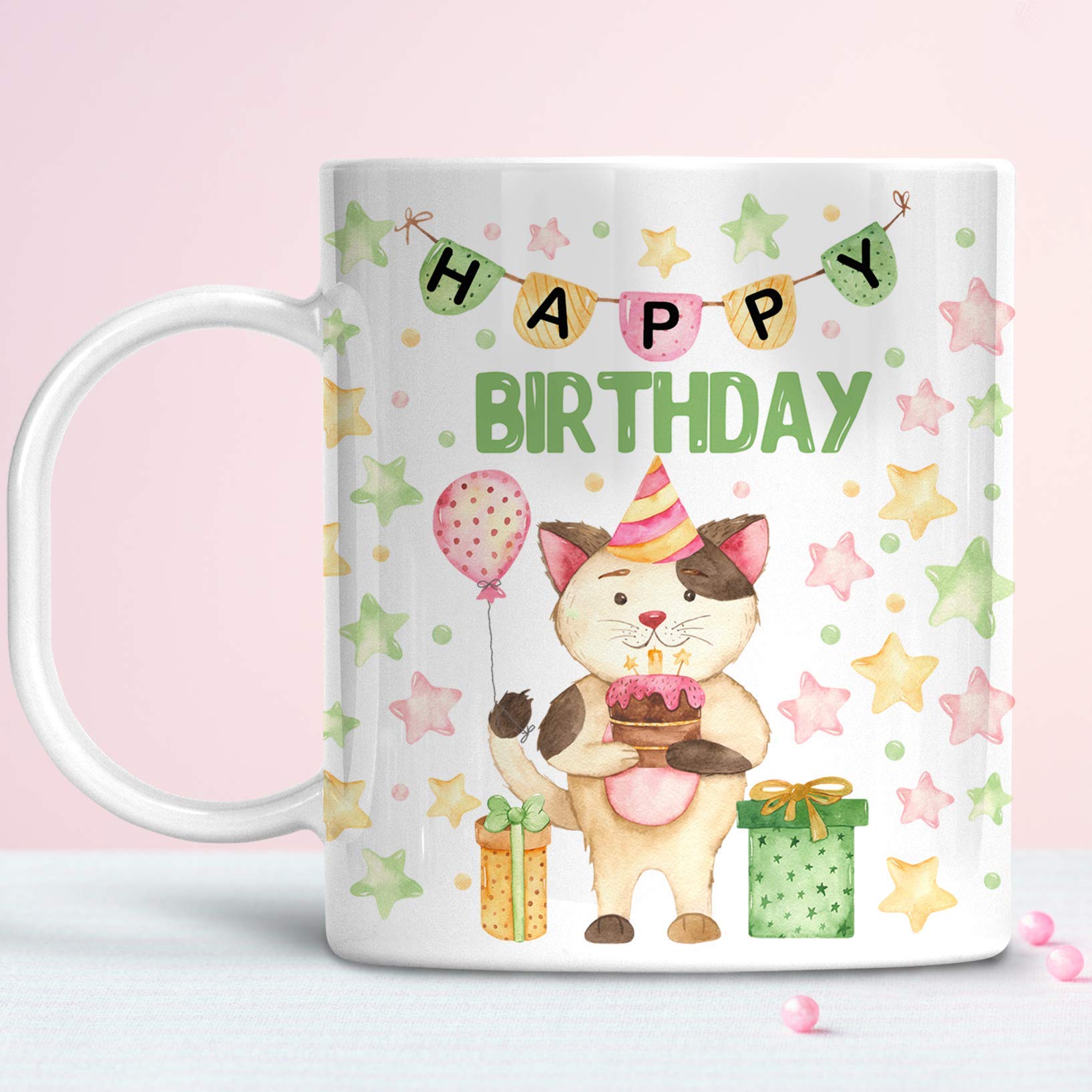 Personalized Kids Birthday Mug - Pink Kitty Cat with Balloons Design | Unbreakable, Dishwasher Safe & BPA Free Cup | Perfect Gift for Children's Party, Birthday Celebration & Daily Use