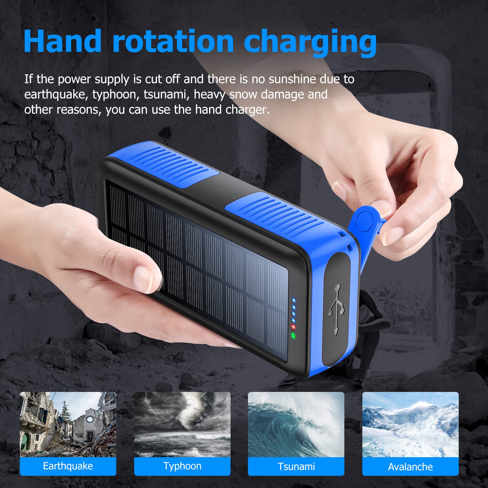 63200mAh Solar Power Bank with Dual USB Outputs & Inputs | Portable Solar Charger with 4 LED Flashlight & Hand Crank | Fast Charging Battery Pack for Camping, Hiking, Emergency Power Backup & Outdoor Survival Gear