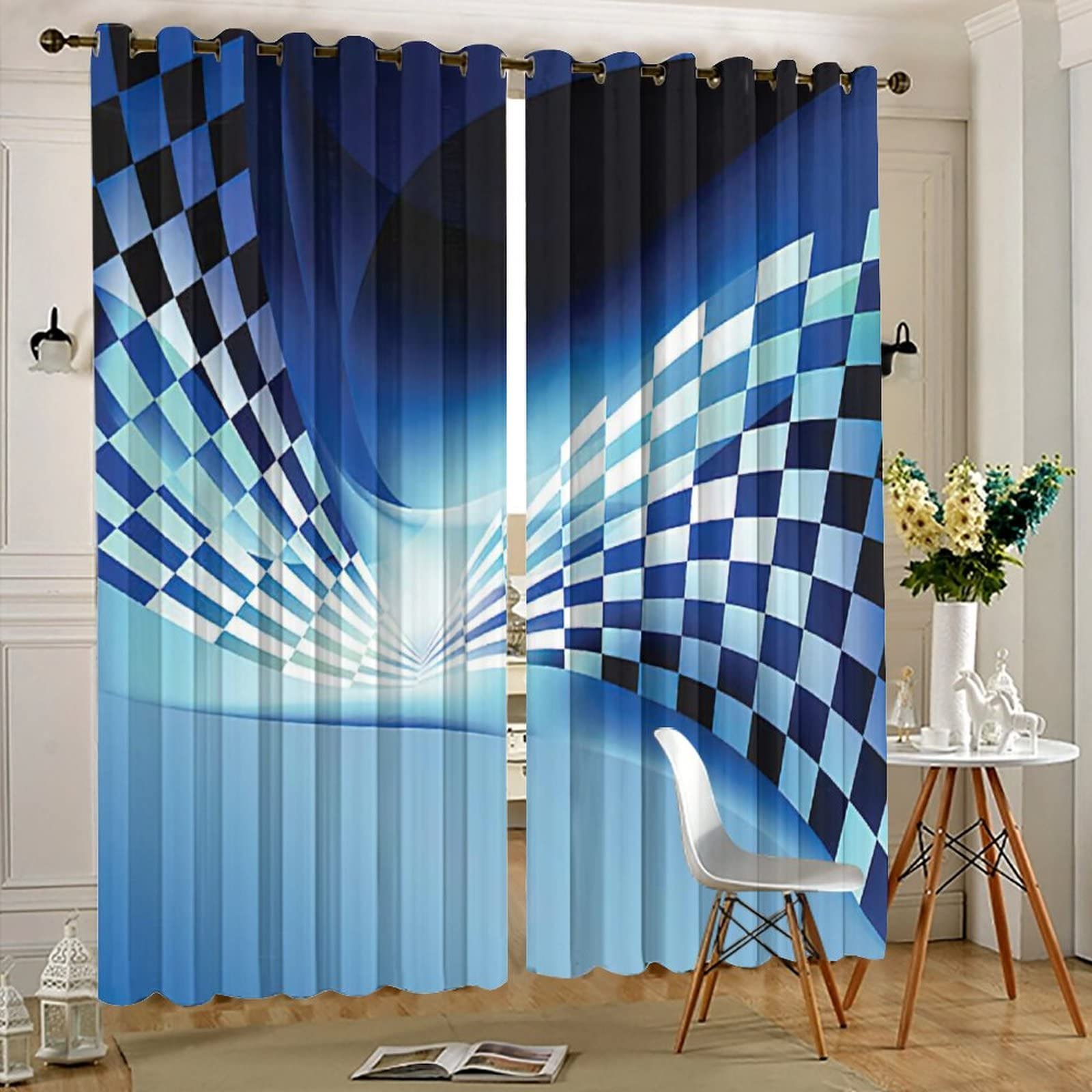 Race Car Flag Blackout Curtains - Thermal Insulated Noise Reducing Light Blocking Drapes, Abstract Blue Black White Checkered Design, 84