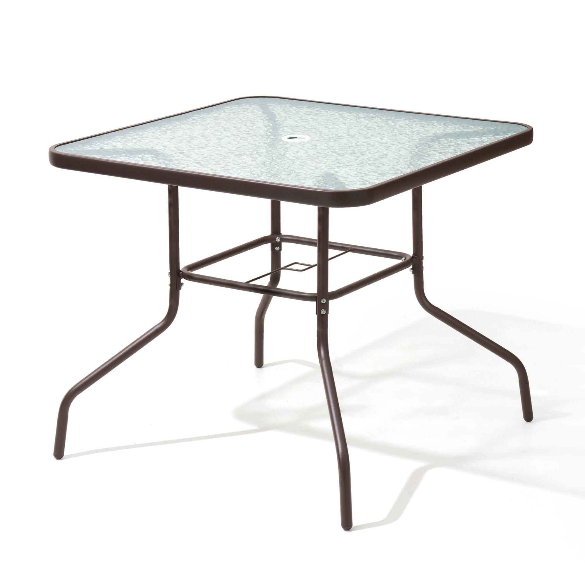 Premium Outdoor Dining Table for 4 - Square Patio Table with Umbrella Hole | Durable Tempered Glass & Metal Bistro Set for Garden, Deck, Backyard, Lawn (Brown) | Perfect for Al Fresco Dining & Outdoor Entertaining