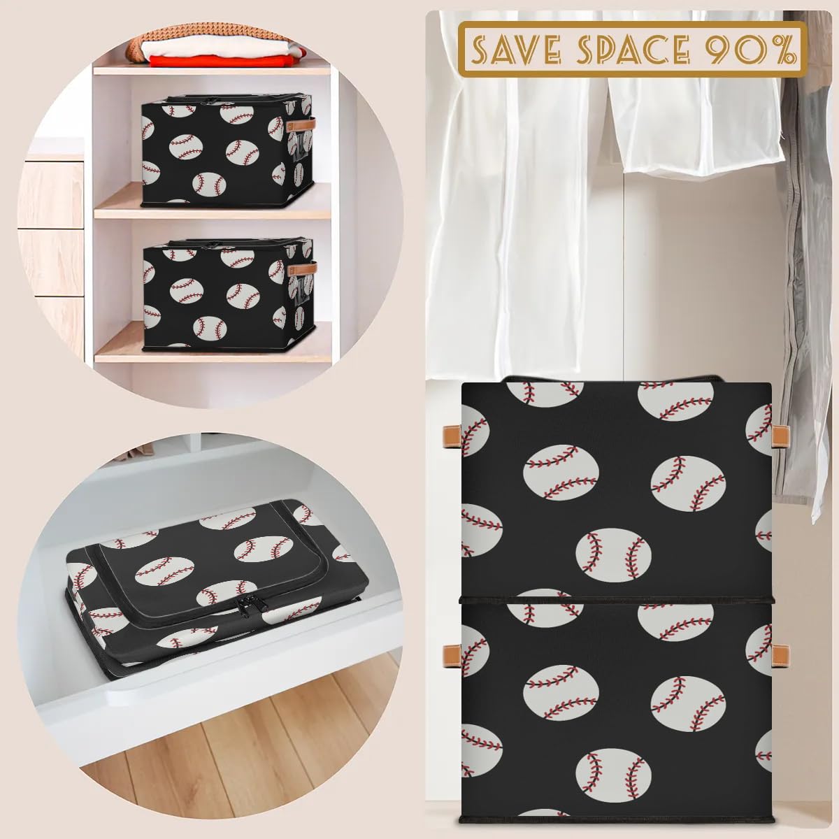 Baseball Print Storage Bins with Zipper Lid - Foldable Fabric Storage Baskets for Clothes, Blankets & Toys - Collapsible Storage Box with Handles (2 Pack) - Perfect for Closet, Nursery & Playroom Organization