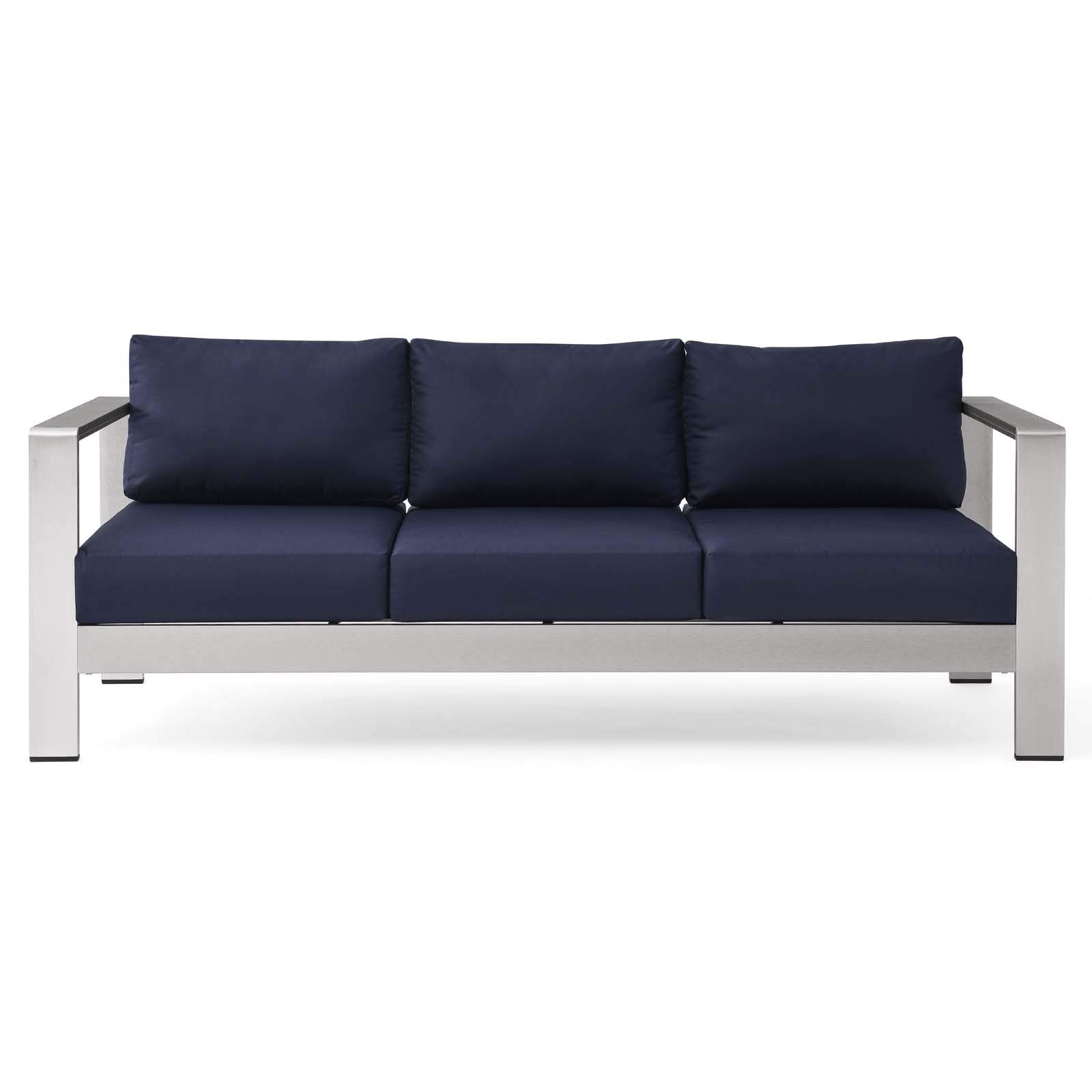 Modway Shore Aluminum Metal Outdoor Patio Sofa Set with Silver Navy All-Weather Cushions - Durable Weather-Resistant Furniture for Backyard, Garden & Poolside Relaxation