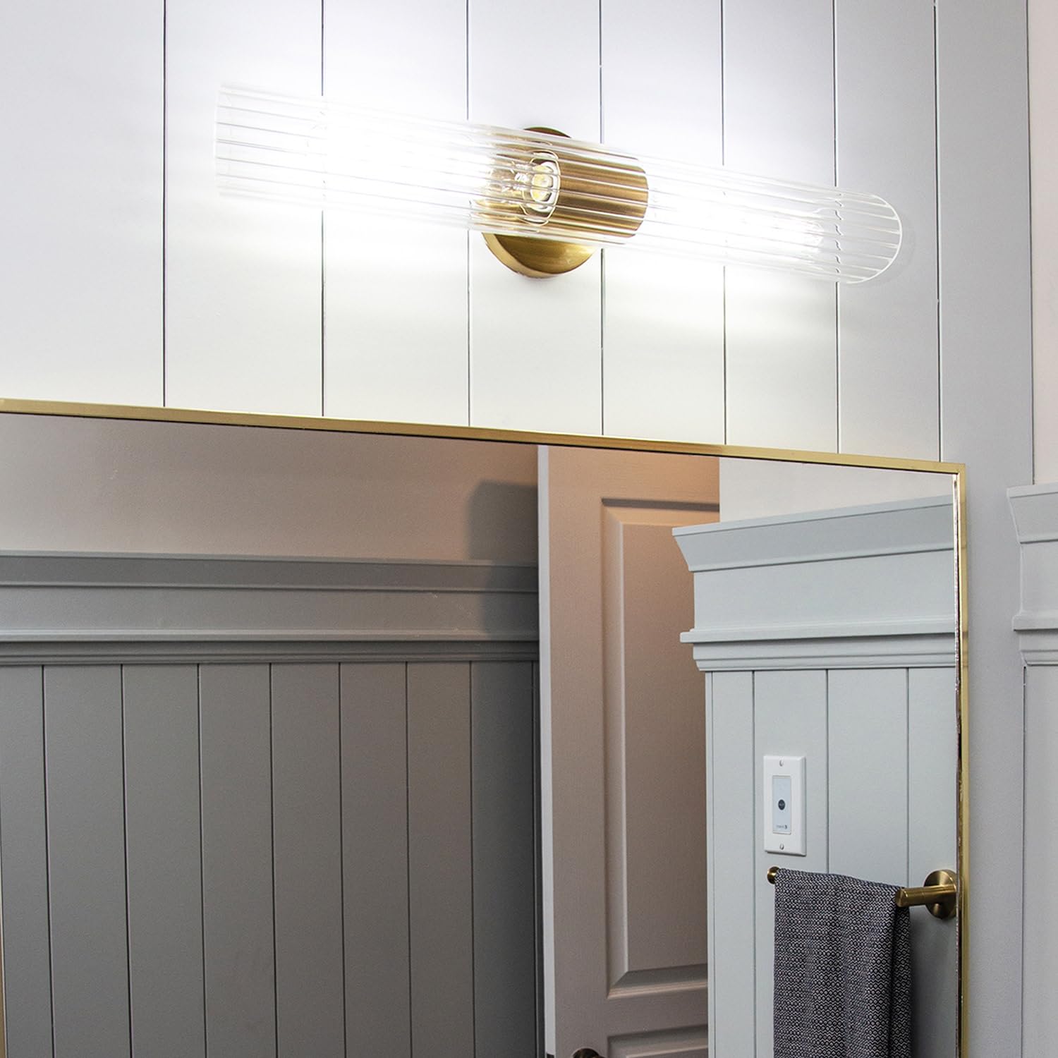 2-Light Aged Brass Vanity Light with Clear Fluted Glass Shades - Perfect for Bathroom, Powder Room, and Dressing Area Lighting