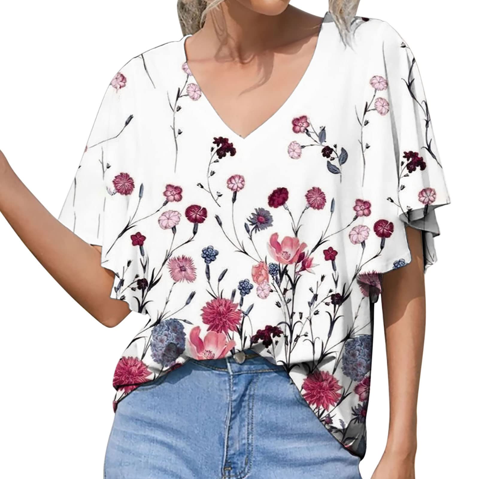 Women's Floral Print Casual Ruffle Sleeve V-Neck Blouse - Loose Fit Summer Pullover Top for Date Night, Office Wear & Beach Outfits