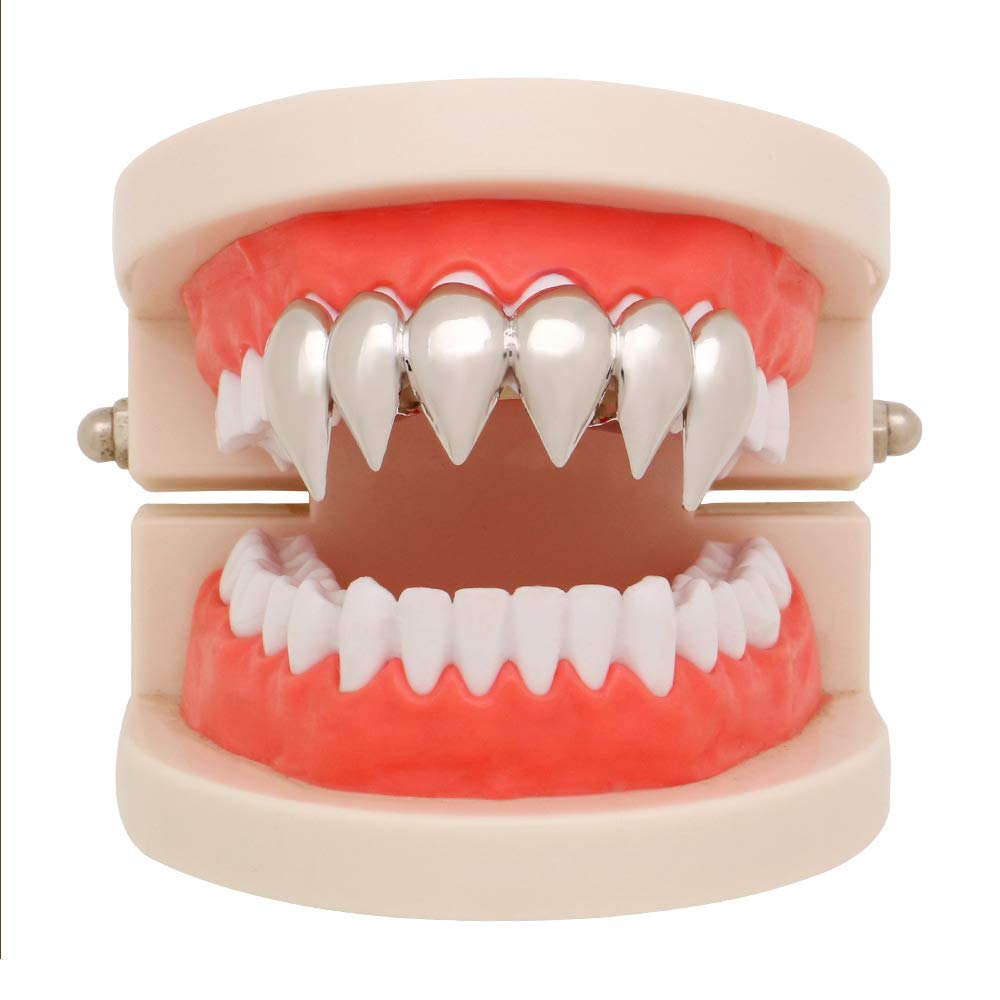 18K Gold Plated Silver Hip Hop Vampire Fang Grillz Teeth - Perfect for Rappers, Halloween Costumes & Hip Hop Fashion Accessories