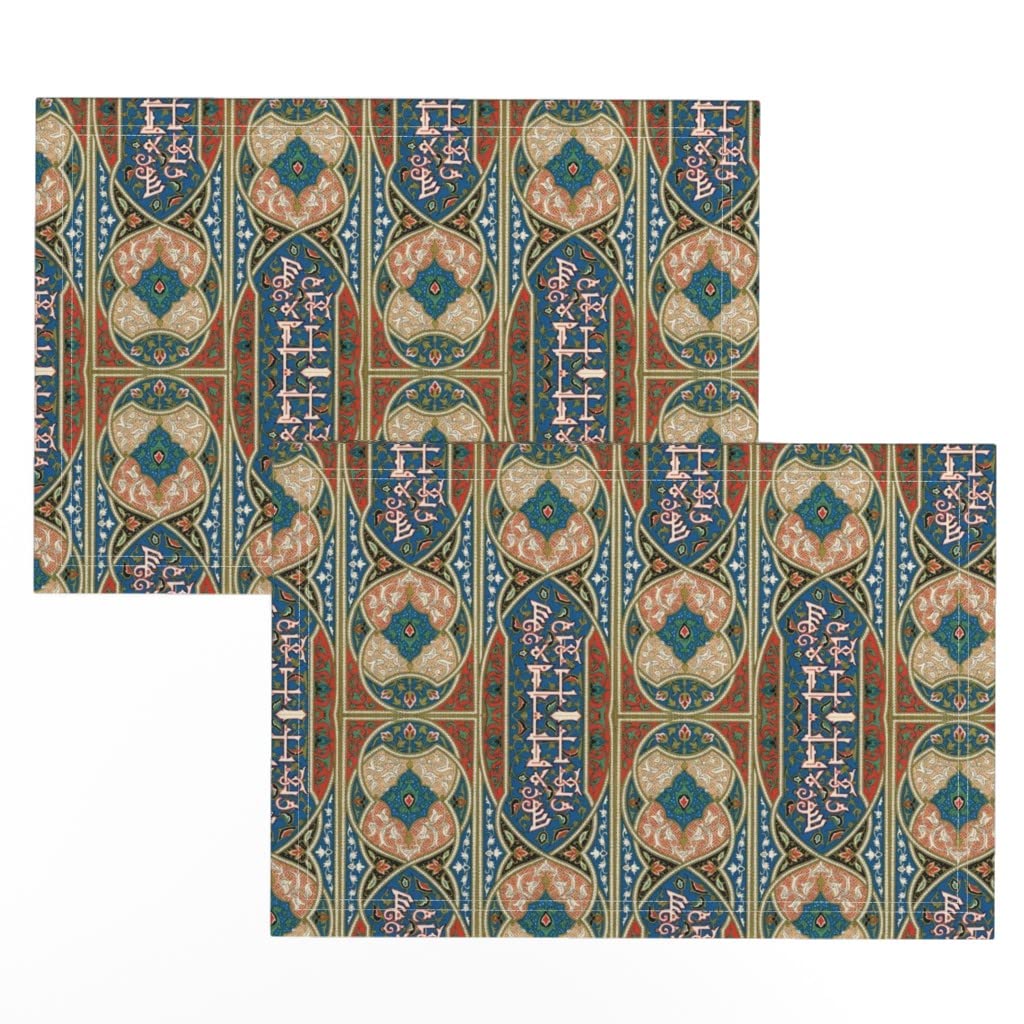Linen Cotton Canvas Placemats Set of 2 - Vintage Floral Geometric Print Table Mats for Dining Room Decor, Kitchen Table Setting & Holiday Dinner Party
