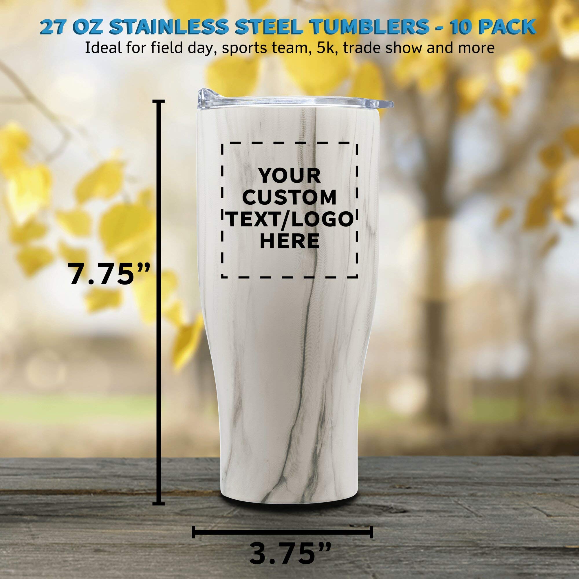 Custom Stainless Steel Travel Mugs 27oz (Set of 10) - Personalized Bulk Coffee Cups with Non-Slip Grip - Vacuum Insulated for Hot & Cold Drinks - Marble Design - Perfect for Office, Camping, Gifts & Daily Use