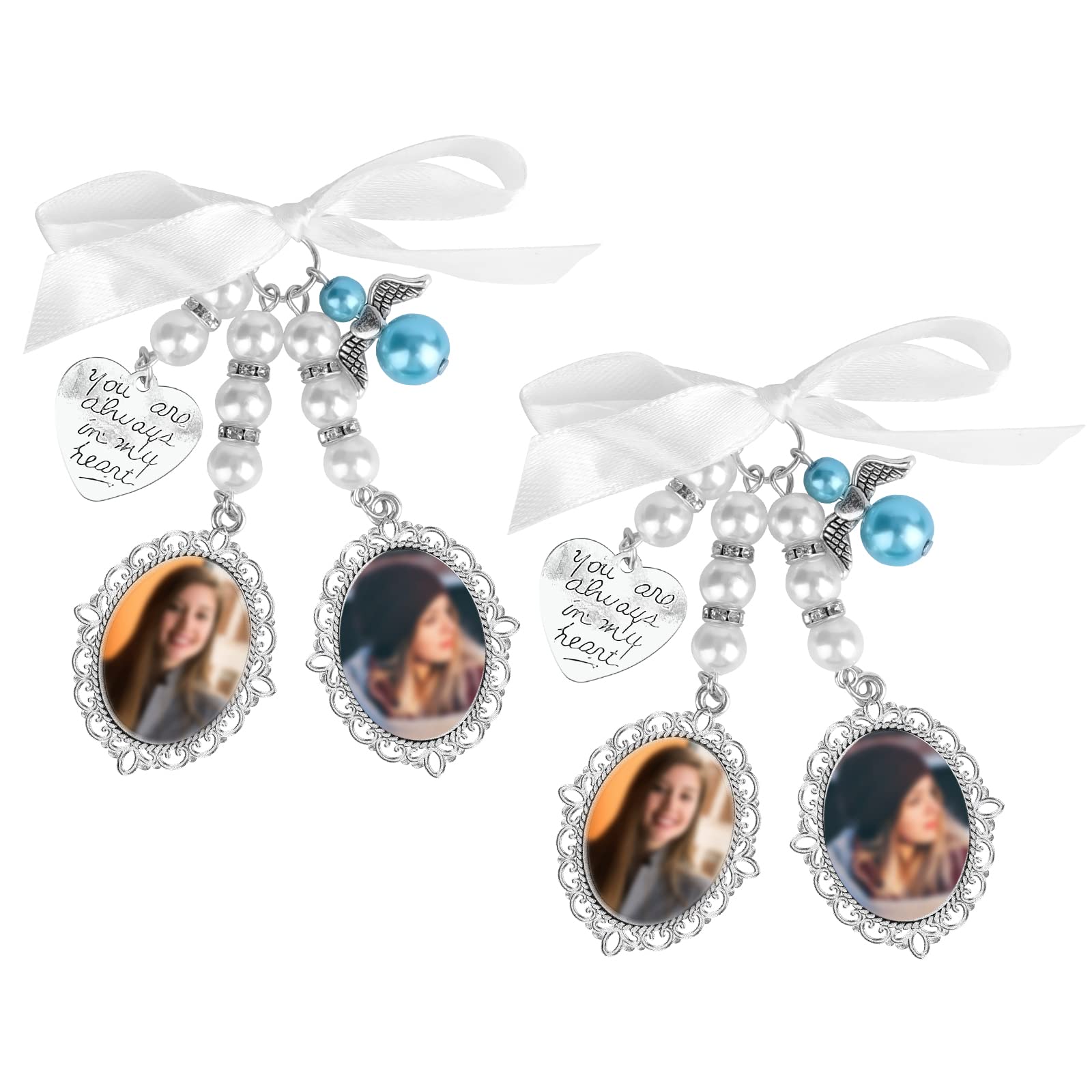SAVITA 2-Piece Wedding Bouquet Photo Charm Set with 4 Oval Glass Cabochons - Elegant Bridal Bouquet Charm Holder Picture Frame with Bow-Knot Pearl Rhinestone Heart Pendant - Perfect for Bridal Showers, Wedding Keepsakes & Photo Jewelry Gifts