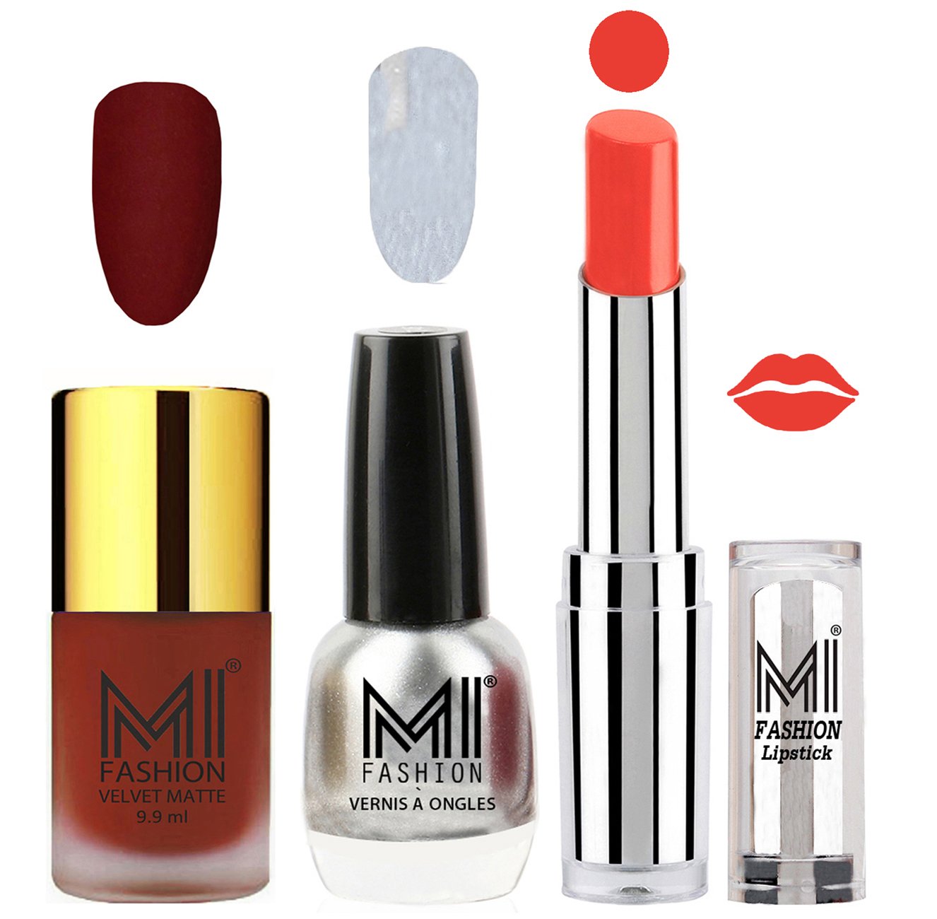 MI Fashion Nail Polish & Lipstick Set - Matte Cherry Red & Shimmery Silver Nail Polish with Coral Glamour Lipstick | 3-Piece Makeup Combo for Parties, Date Nights & Special Occasions