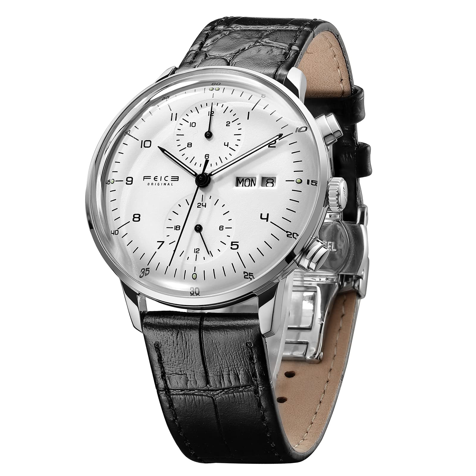 FEICE Men's Automatic Watch - Bauhaus Style Stainless Steel Mechanical Wristwatch with Genuine Leather Band & Date Display (FM121) | Perfect for Business, Casual Wear & Everyday Use