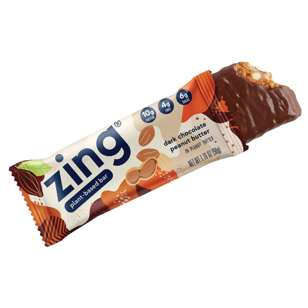 Zing Protein Bar - Dark Chocolate Peanut Butter Flavor - 13g Protein & 8g Fiber - Vegan, Gluten-Free, Non-GMO, Soy-Free Snack - 12 Pack - Perfect for Post-Workout Recovery, Healthy On-the-Go Breakfast & Travel Snacks