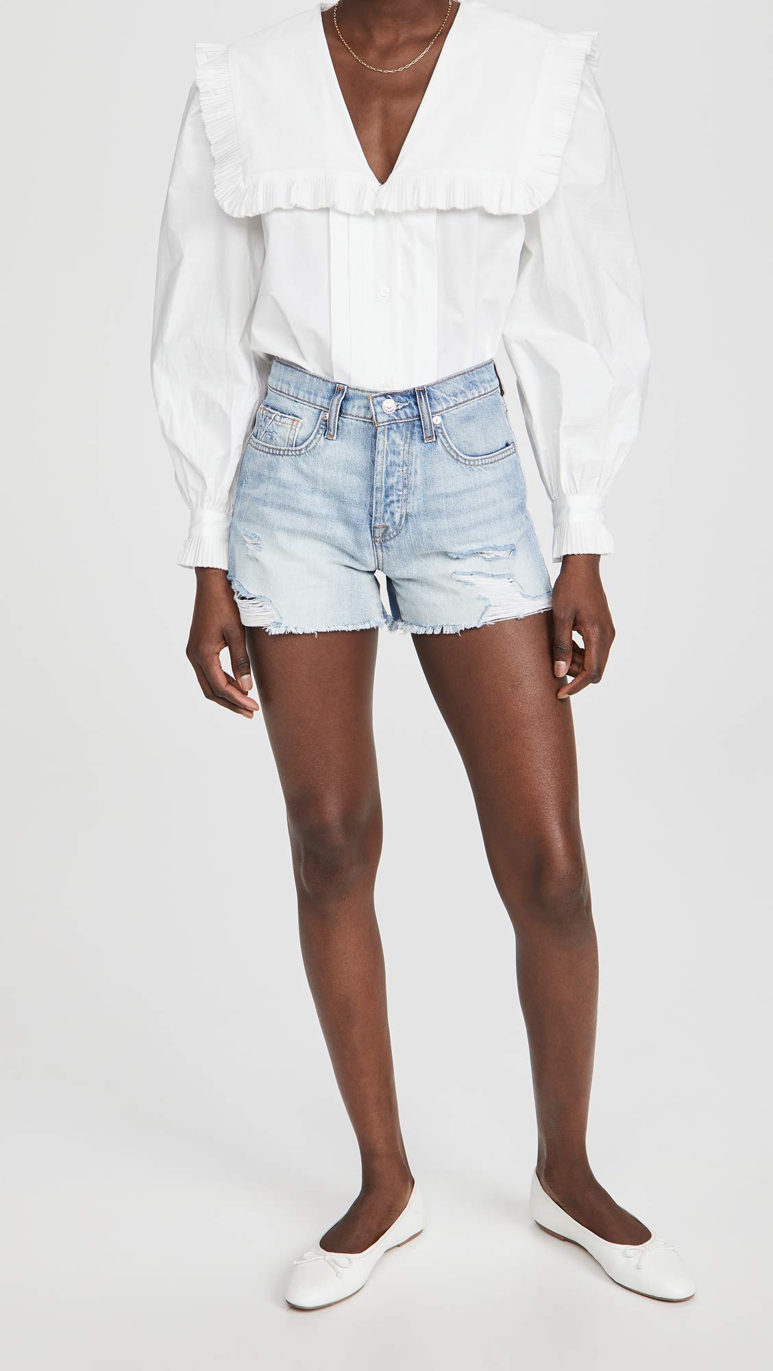 7 For All Mankind Women's Monroe Cutoffs Denim Shorts in Cosmic Blue Rigid Wash | High Waisted Distressed Denim Shorts for Summer, Beach & Casual Outfits