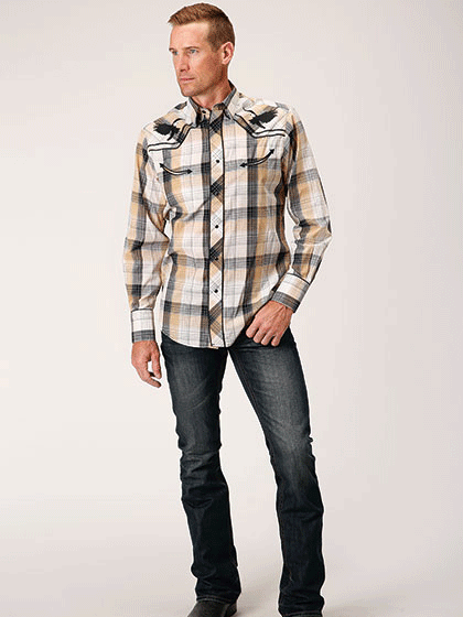 Roper Men's Long Sleeve Plaid Western Shirt - Khaki Checkered Cowboy Shirt for Casual Wear, Rodeo & Country Style Outfits