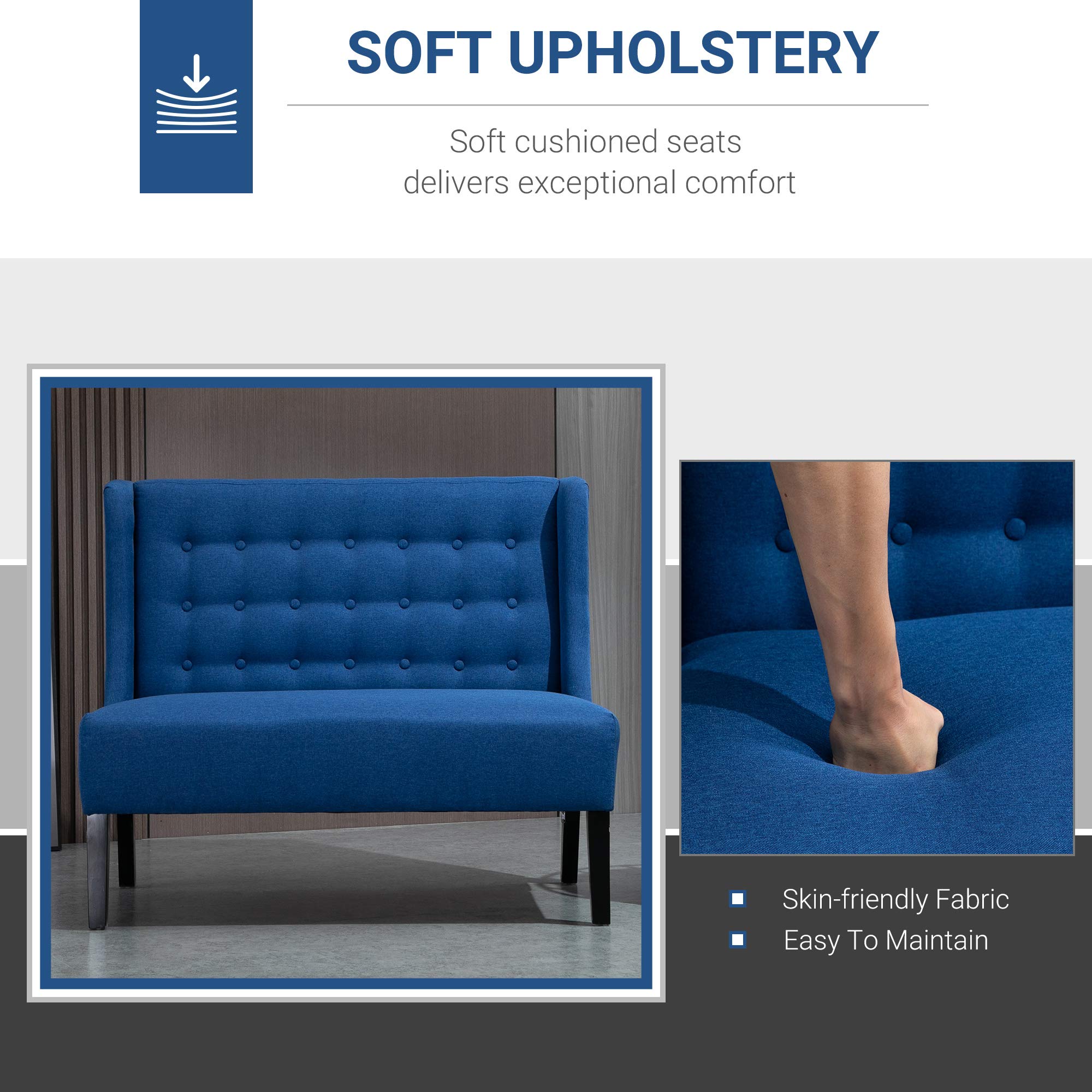 HOMCOM Modern Wingback Double Sofa - Linen Fabric Upholstered Button Tufted Loveseat Armless Couch with Wood Legs for Living Room, Bedroom or Office - Contemporary Blue Settee - Perfect for Small Spaces, Reading Nooks and Cozy Seating Areas