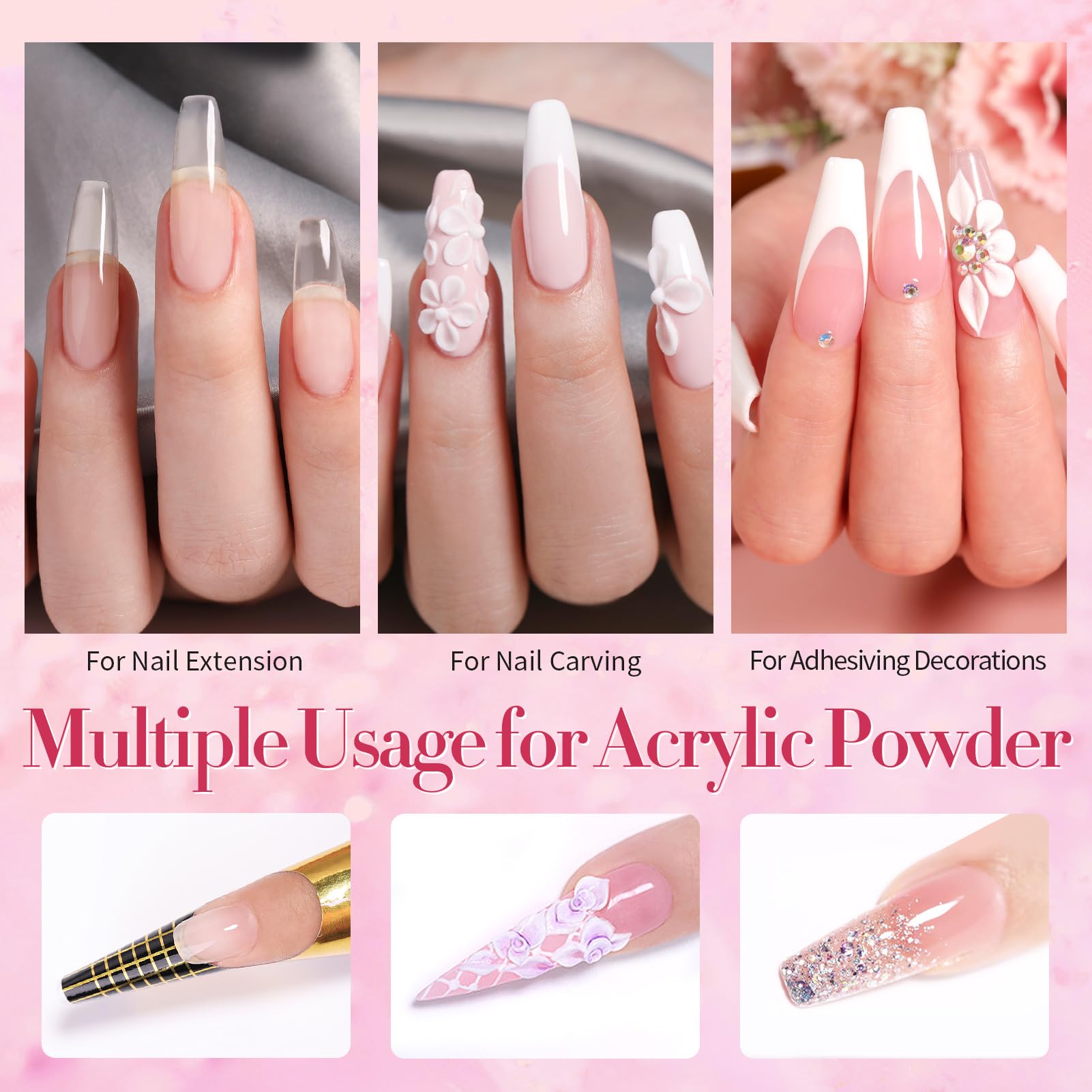 BORN PRETTY Professional Acrylic Nail Kit with Clear Pink & Milky White Powder - 3 Boxes Acrylic Nail Powder, 60ML Liquid, Nail Tips & Complete Tool Set for Salon & Home Manicure