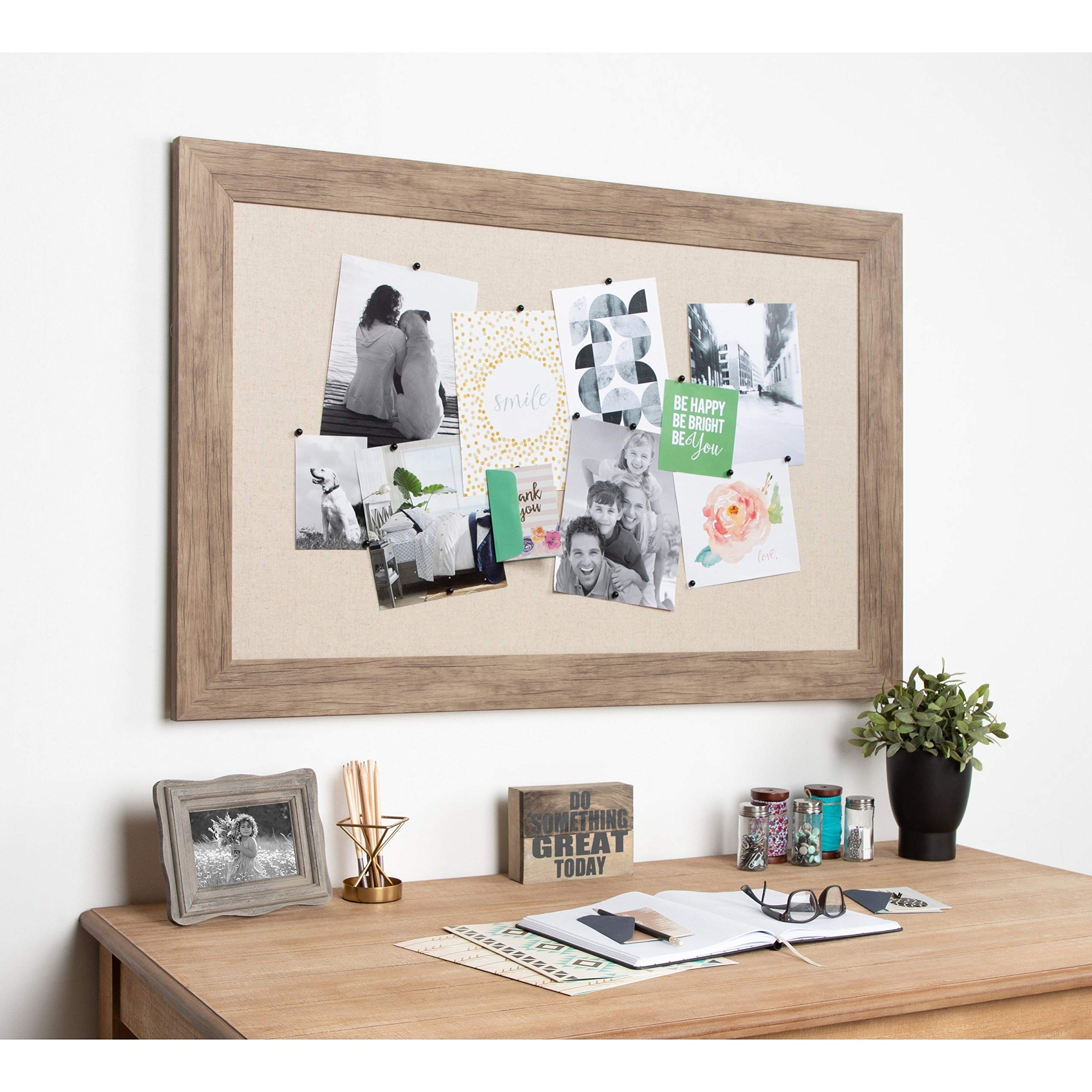 Decorative Framed Linen Fabric Pinboard - 29.5x45.5 Inch Brown Plastic Bulletin Board for Home Office, Dorm Room & Classroom Organization