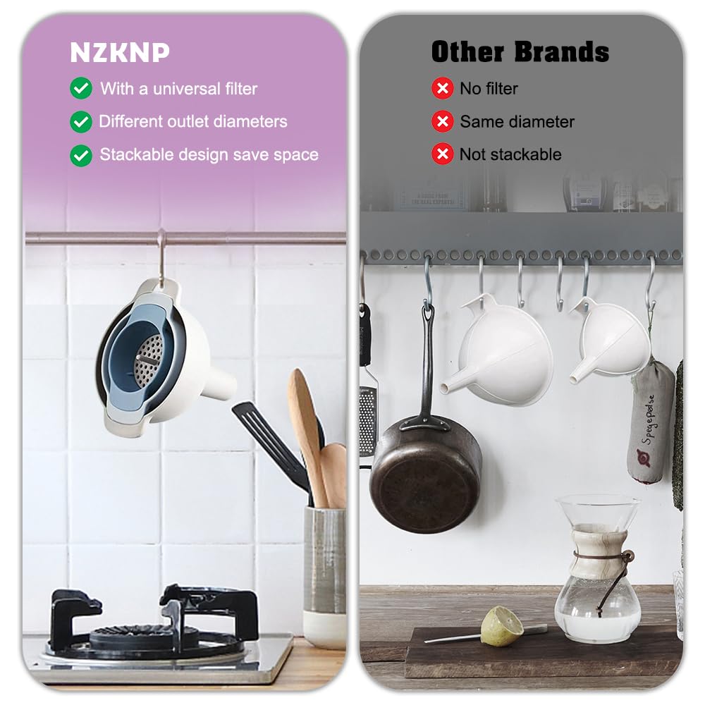 NZKNP 4-in-1 Kitchen Funnel Set - BPA-Free Plastic, 3 Sizes with Detachable Strainer, Easy to Clean & Store for Cooking, Baking, and Liquid Transfer